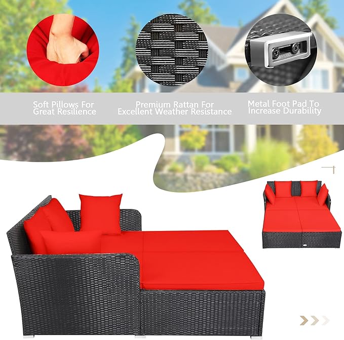HAPPYGRILL Outdoor Rattan Daybed Patio Loveseat Sofa Set with Padded Cushion Pillows and Sturdy Aluminum Foot, Wicker Patio Furniture for Garden Porch Poolside