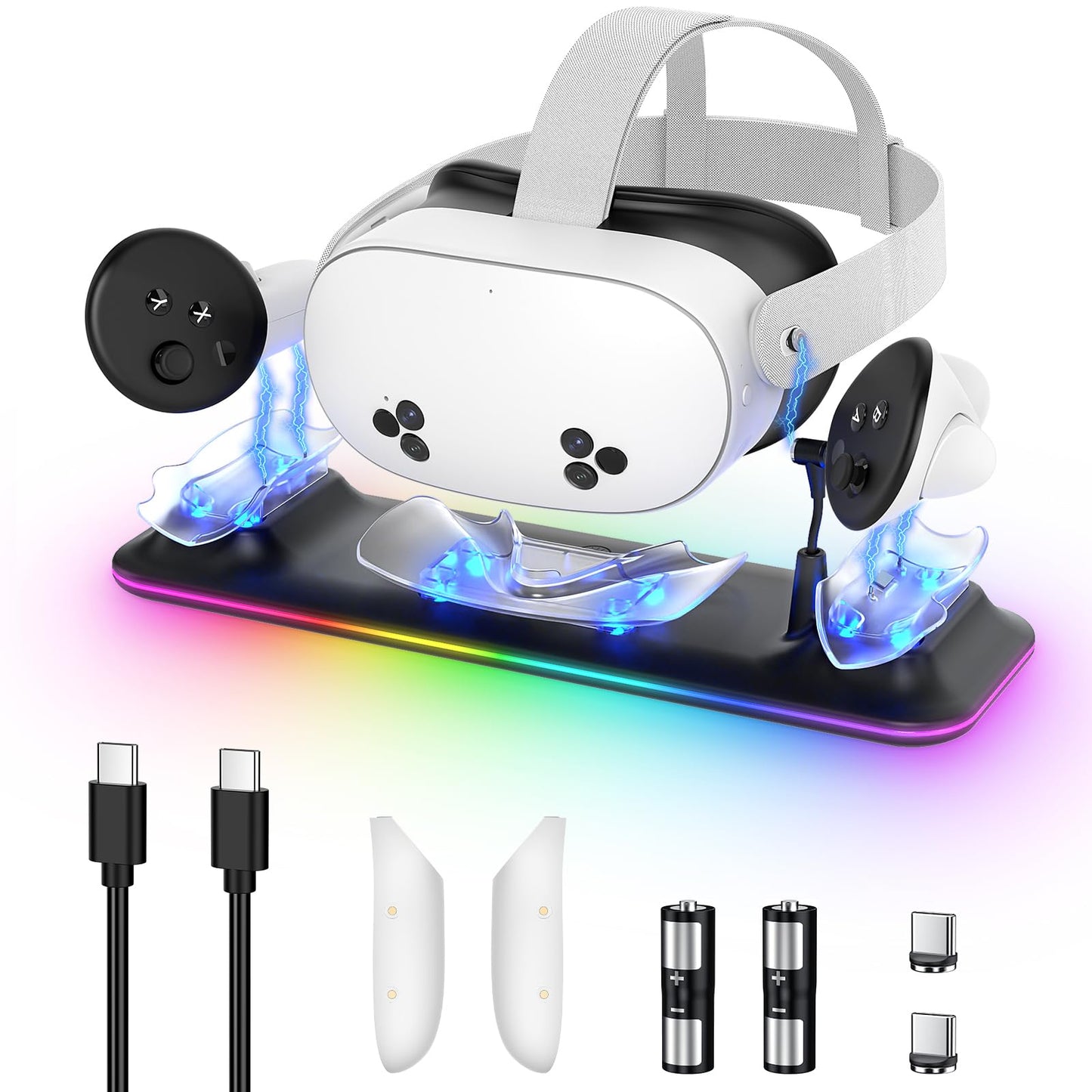 Charging Dock for Meta Quest 3S/3, Kinwin Magnetic Charging Station for Oculus Quest 3S/3 Accessories with RGB Light, Charging Stand for VR Headset & Controller with 2 Rechargeable Batteries (Black)