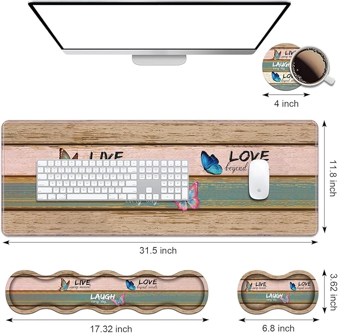 Ergonomic Keyboard Wrist Rest & Mouse Pad Wrist Rest Set, Large XXL Gaming Desk Mat 31.5"x 11.8" with Memory Foam, Easy Typing Pain Relief for Office & Home, Vintage Wood Board Live Laugh Love