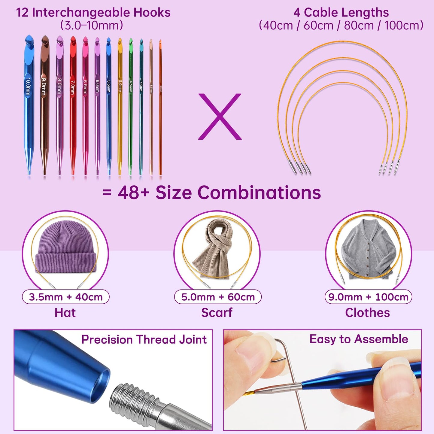 Reessy Interchangeable Tunisian Crochet Hooks Set – 12 Sizes (3.0–10mm) Aluminum Crochet Hooks with 4 Cables, Accessories & Floral Storage Bag – Detachable Afghan Crochet Hook Kit