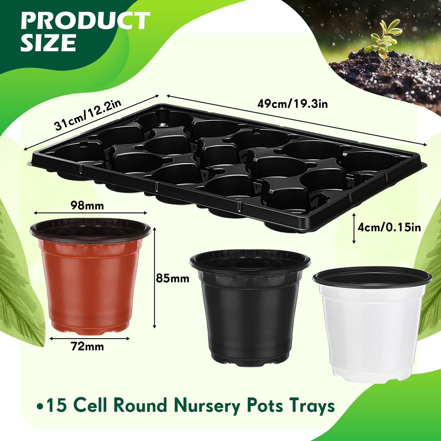 Baderke 4 Inch Round Nursery Pots 90 Pcs, 15 Cell Nursery Pots Trays 6 Pack, Durable Seedling Starting Germination Flowerpot Trays, Small Planter Propagation 6 Sets(Multicolor)