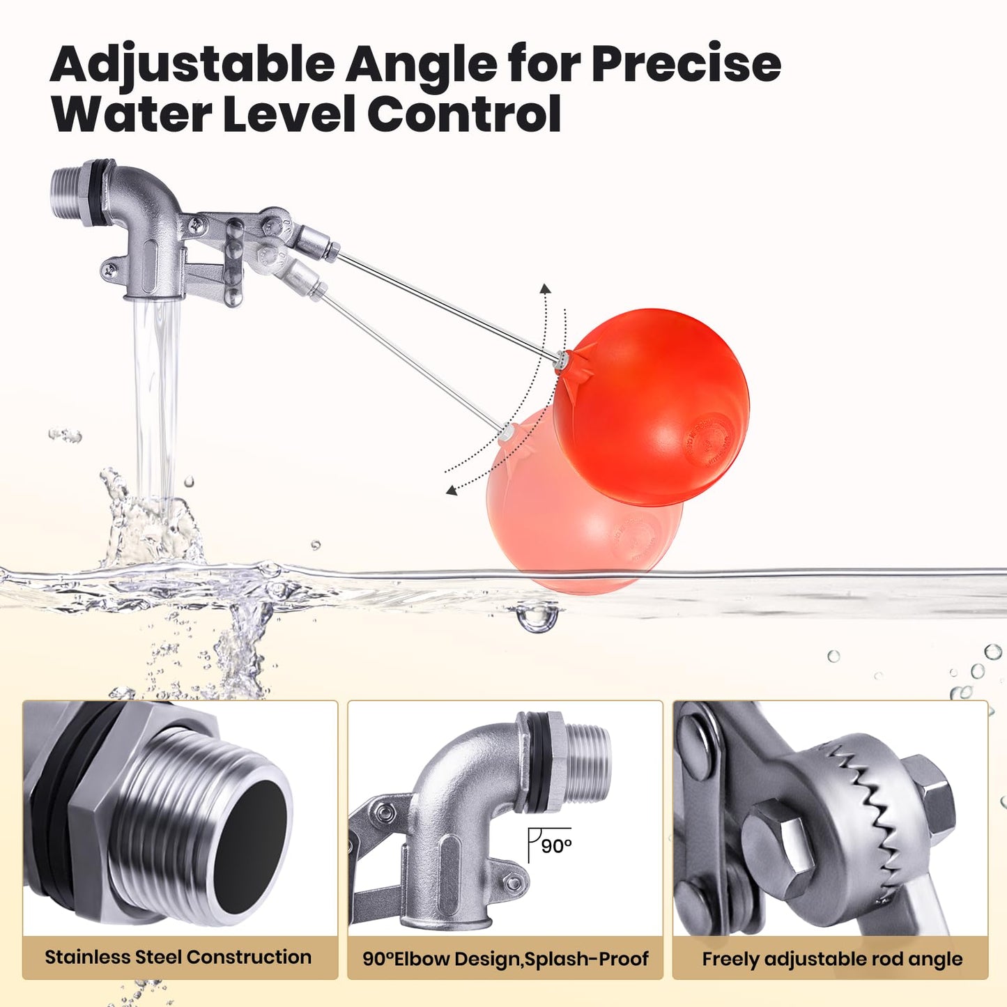 3/4 Inch Stainless Steel Float Valve for Water Tank, Heavy-Duty Design with Adjustable Angle Rod for Water Level Control, Includes 6 Inch Float Ball – Ideal for Water Troughs