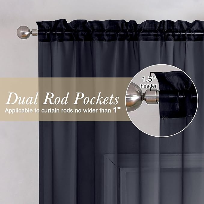 Lecloud Sheer Curtain Panels Set 96" Inches Long, Solid Voile Light Filtering Airy Curtains Window Treatment Drapes for Living Room, 2 Panels Elegant Bedroom Sheer Curtains, Black, 40" Wx96 L