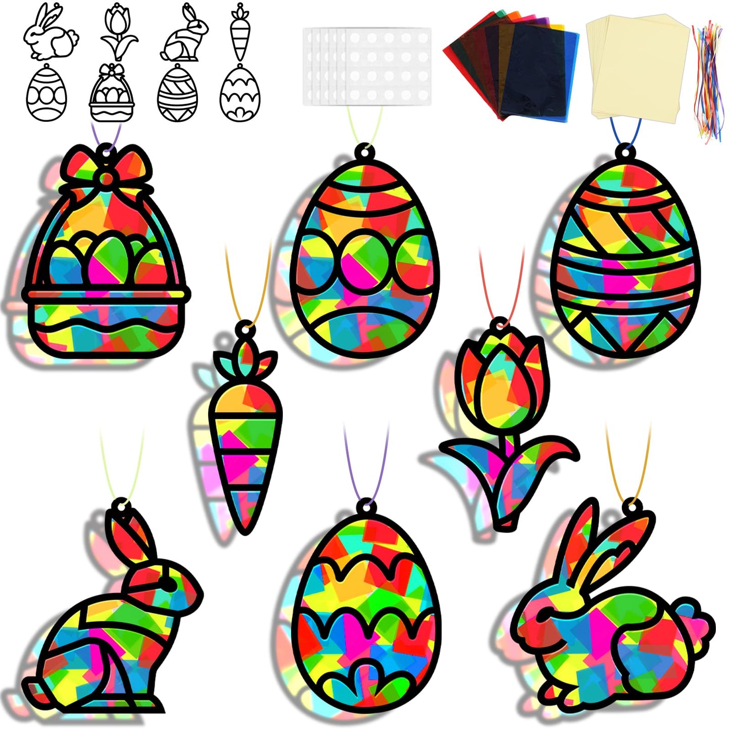 32 Sets Easter Suncatchers Craft Kit DIY Egg Basket Window Stained Glass Effect Paper Basket Style Home School Classroom Decorations Spring Art Craft Creative Games Activity Project Gift Favor