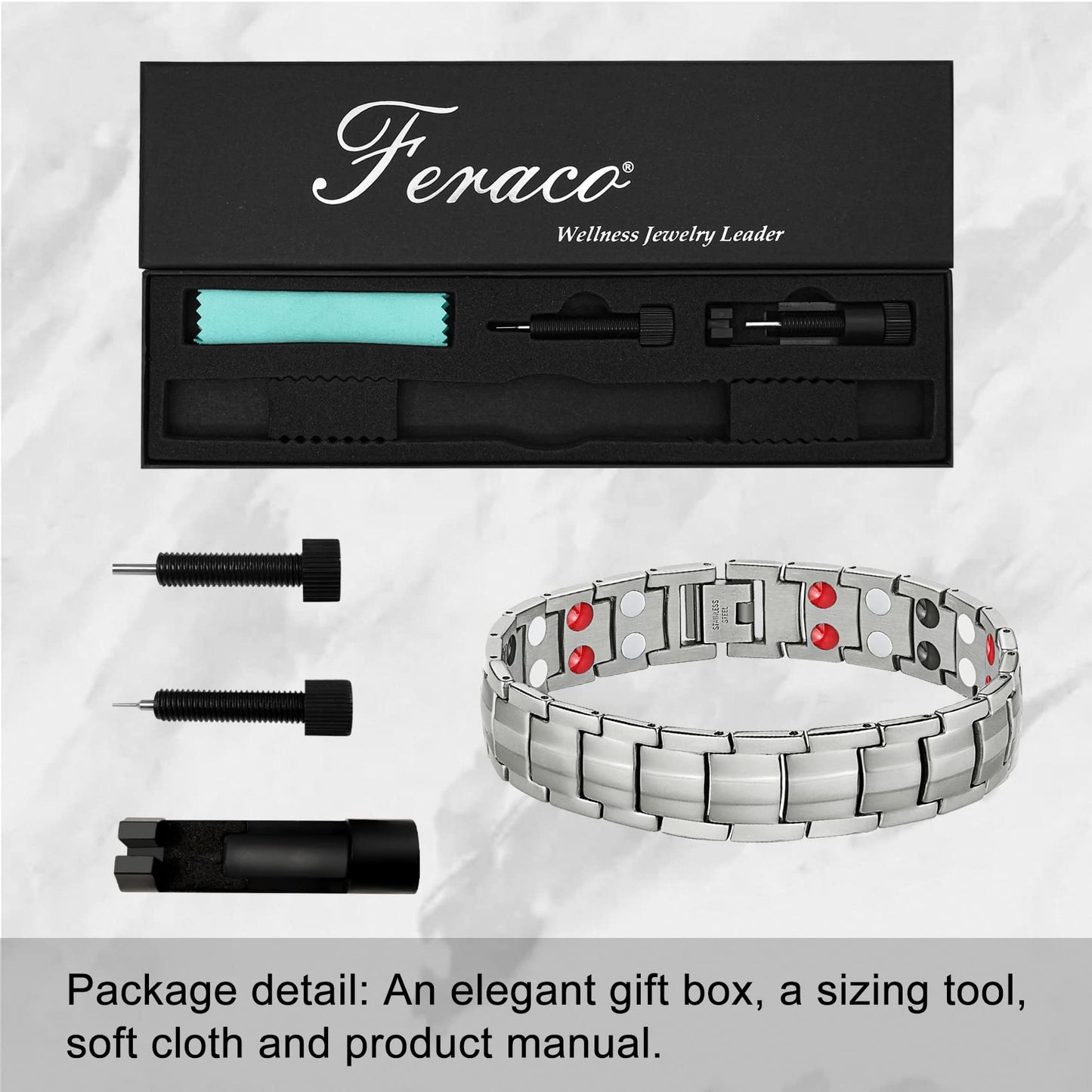 Feraco Mens Magnetic Therapy Bracelets Titanium Steel Bracelet with Double Row 4 Elements Magnets (Silver)