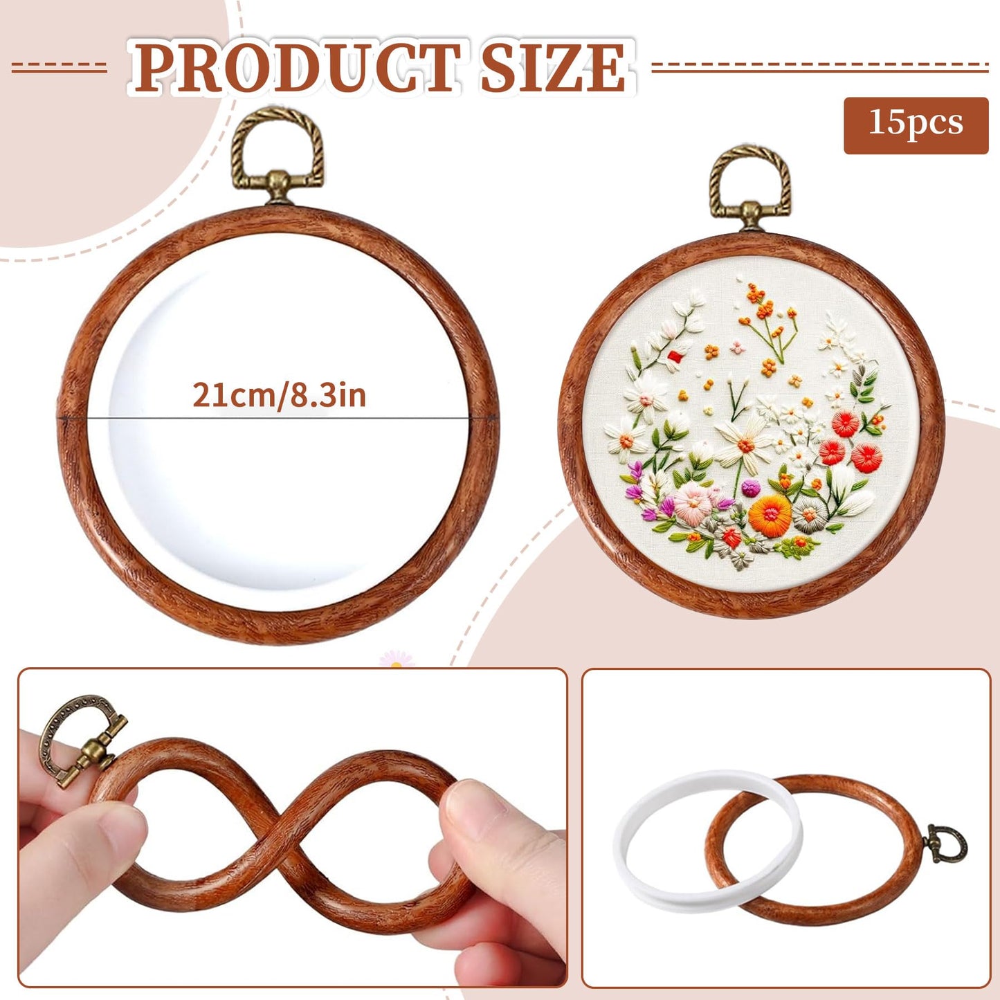 ZESHIHAOGUO 15 Pcs Round Embroidery Hoops - Rubber Ring Imitated Wood Frame Kits for Cross Stitch, DIY Craft, Sewing Projects Hanging Gifts (Brown, 8.27 Inch)