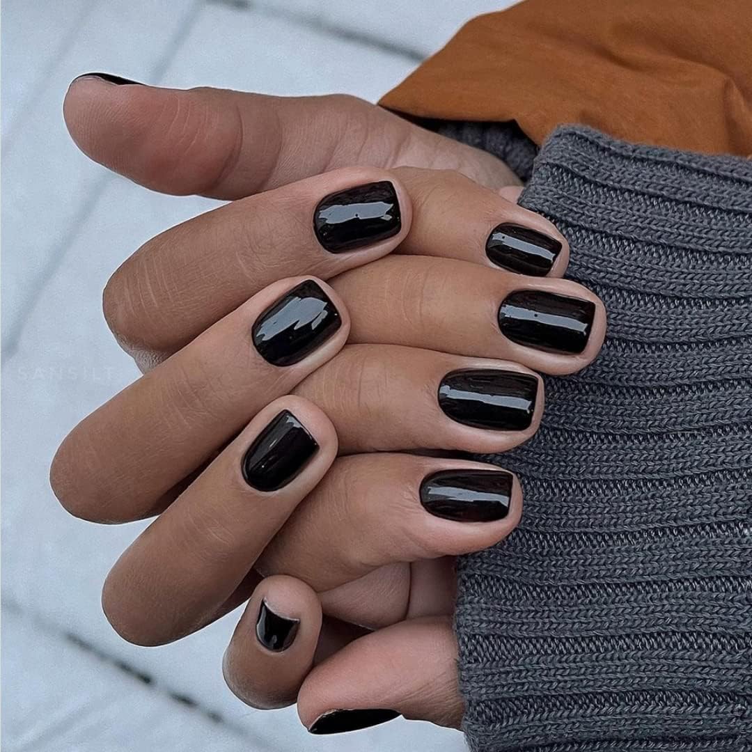Glossy Black Press On Nails Short Square, Natural Gel Nails Glue on Fall Colors 2025 Trendy Acrylic Nails Press ons Featured Protective Coat Thick Reusable Fake Nails 24Pcs Short Coffin Nails