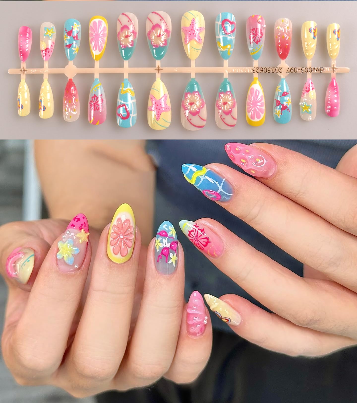 4 Packs Flower Press on Nails 114 Pcs Short Almond Spring Fake Nails with Designs Medium Almond Colorful 3D False Nails Flower Butterfly Spring Summer for Women