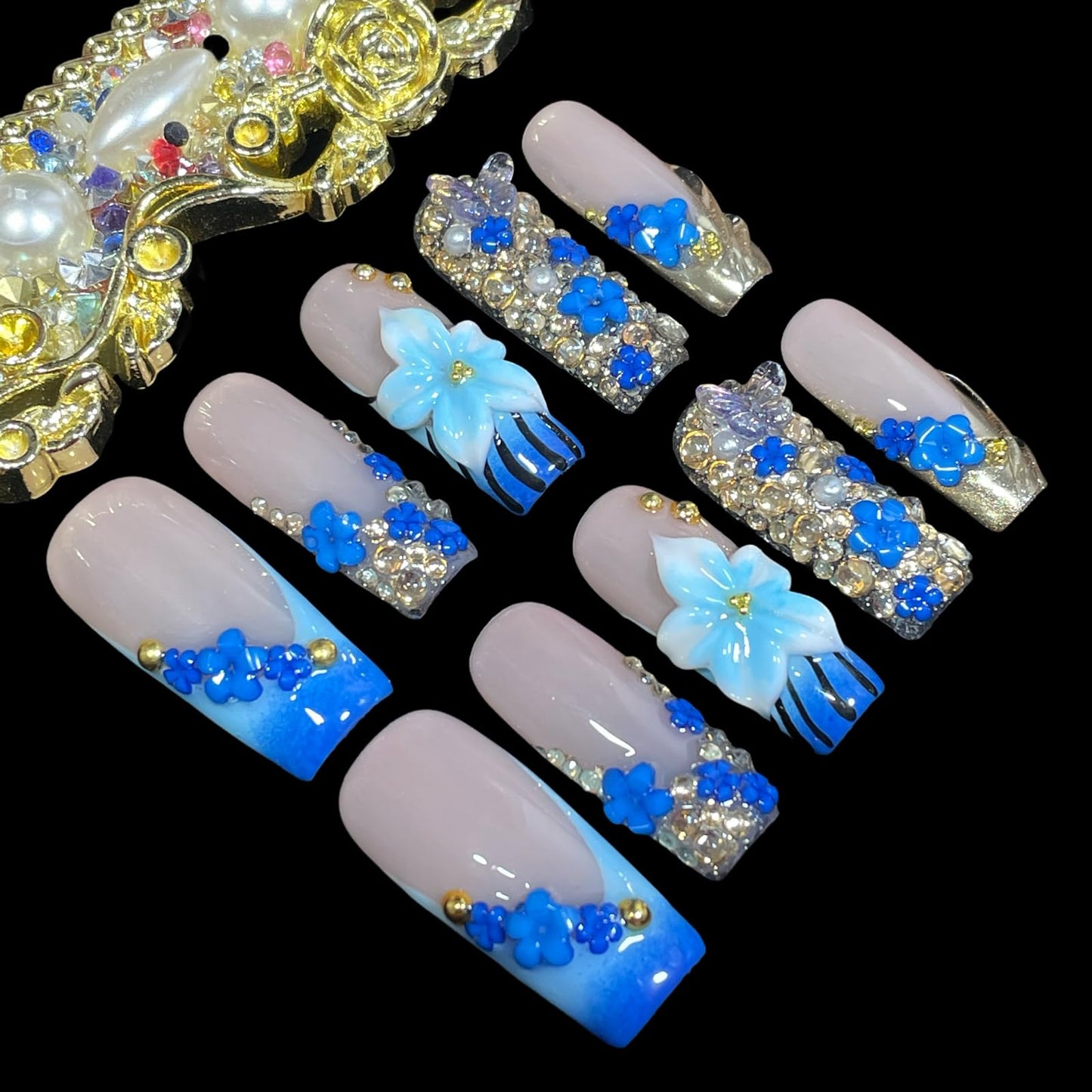Handmade 3D Floral Press On Nails, Medium Long Square Shape, Blue Gradient with Rhinestones, Gold Beads, Reusable Acrylic False Nails (Blue enchantress, L)
