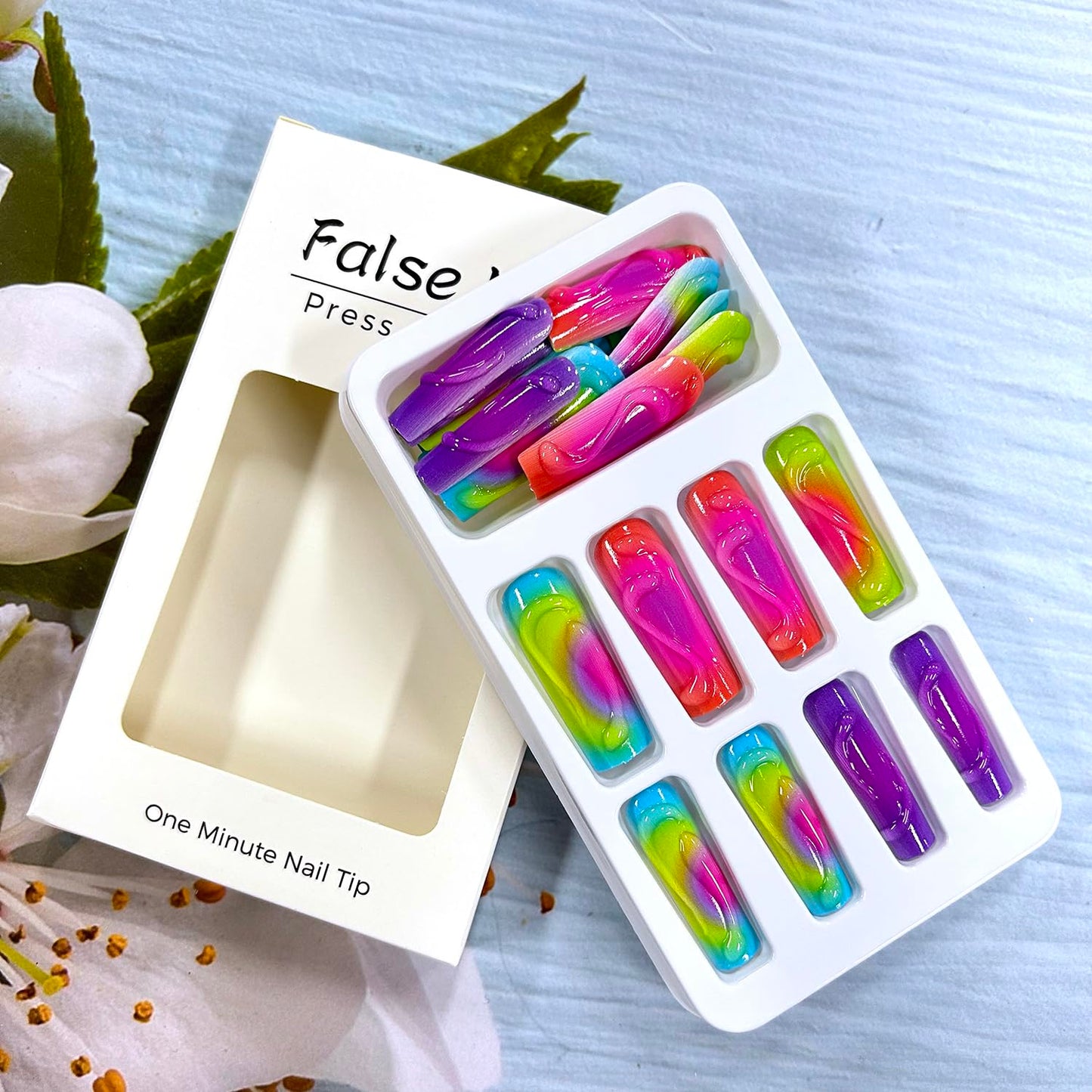 CJDLTS 3D Stereoscopic French Press on Nails - Long Square Coffin Colorful False Full Cover Artificial Acrylic Stick on DIY Glue on for Women - Manicure Kit 24Pcs