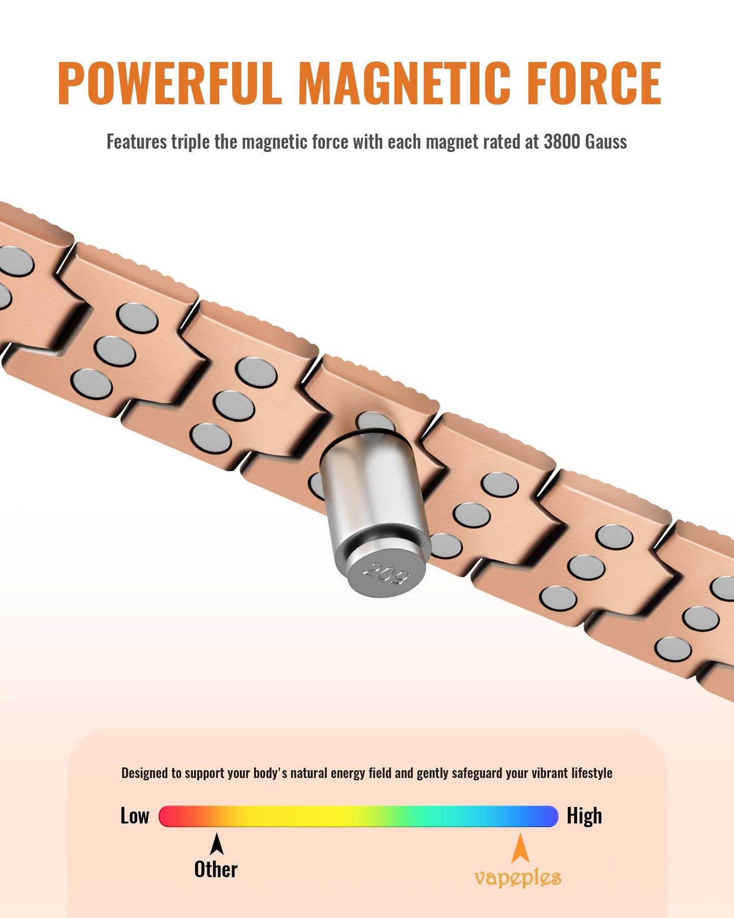 vapeples 99.99% Pure Copper Men's Bracelet with 3800 Gauss Triple-Strength Magnets, Foldover Clasp, and Adjustable Size,Shield Design