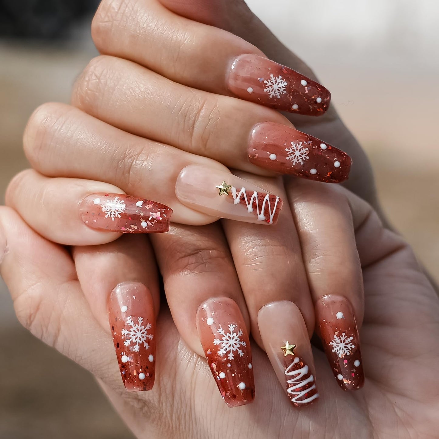 Tesytto Handmade Pink & Red Gradient Press on Nails Medium Coffin - Luxury 3D Pearl Star Design, Sweet Coquette Aesthetic Glossy Fake Nails (Festive Dream,S)