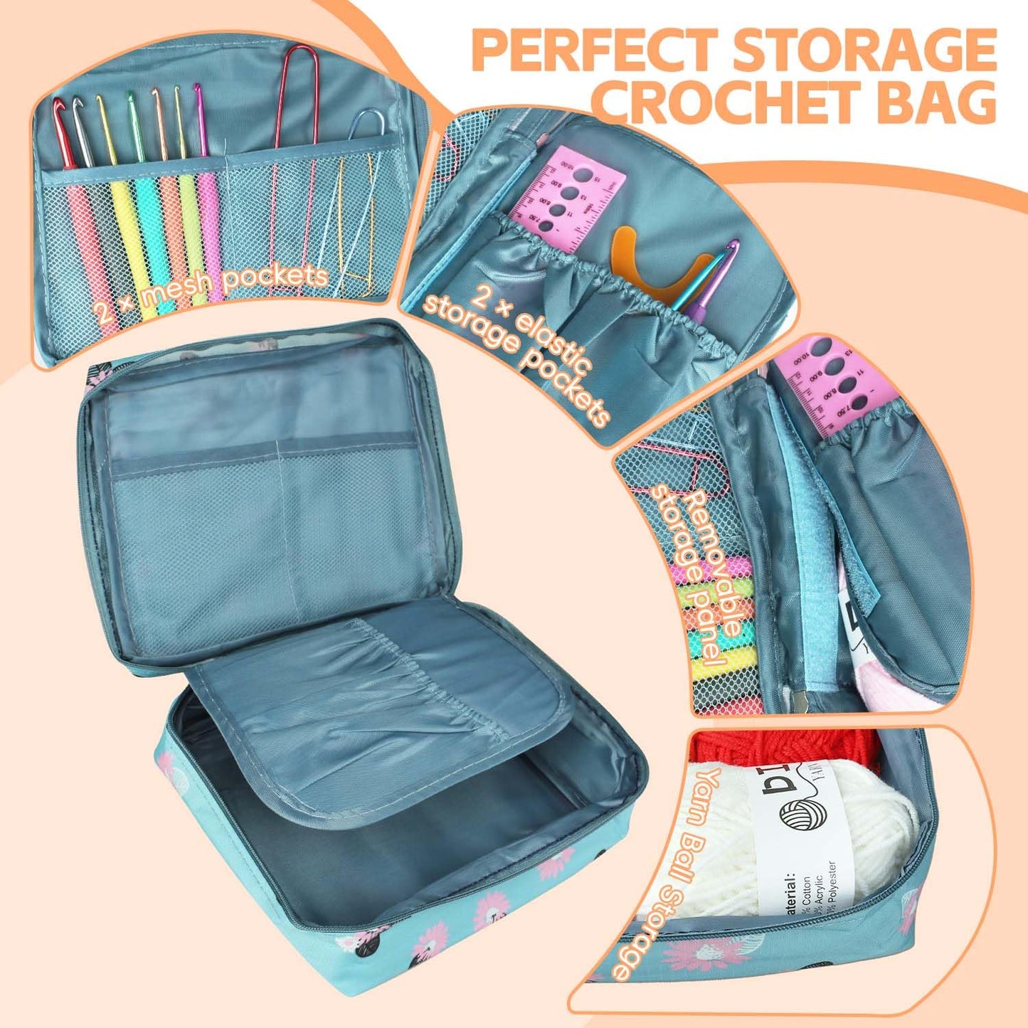 HATINXIA 58pcs Crochet Kit Beginners, Crochet Hook Set with Yarn, Portable Crocheting Kit for Starter, Ergonomic Crochet Needles Tools DIY Knitting Accessories for Experienced Crochet Lovers, Floral