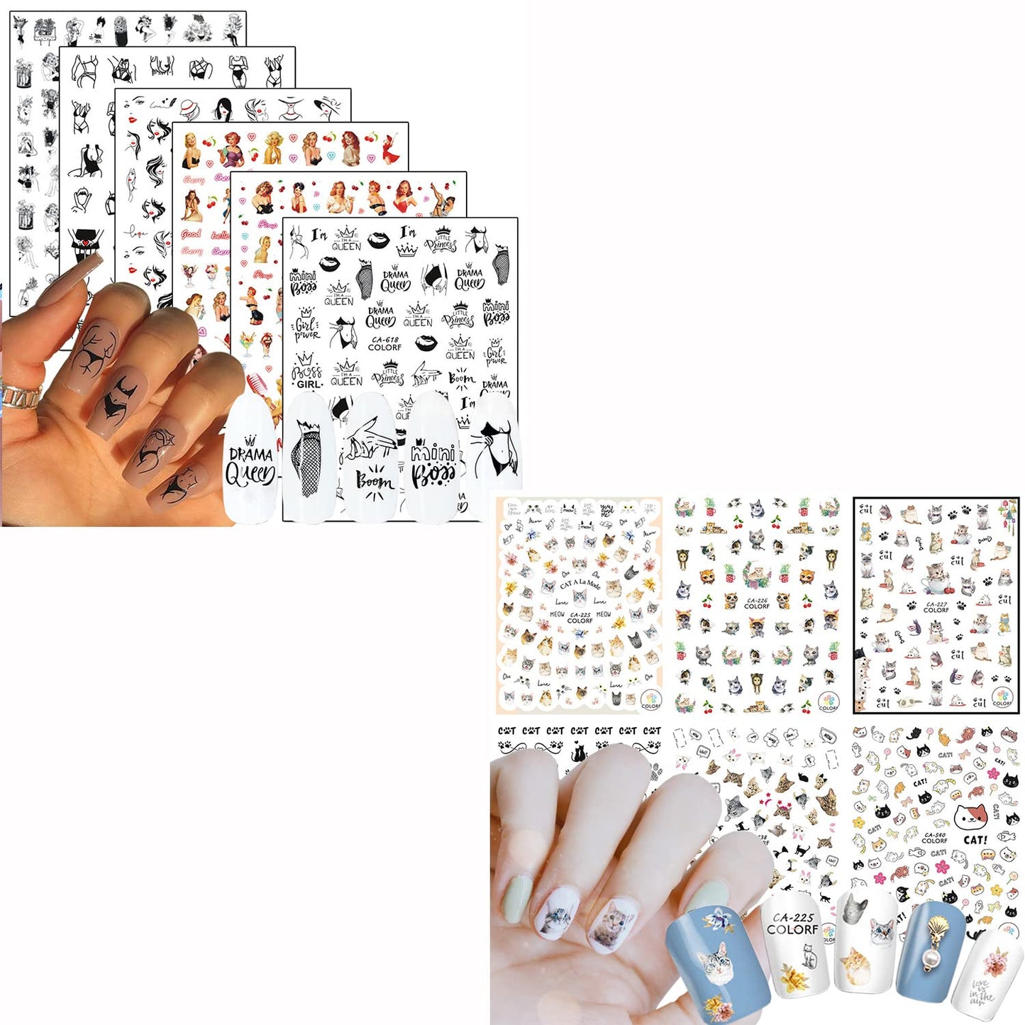 6 Sheets Sexy Girls Nail Stickers and 6 Sheets Cat Nail Stickers