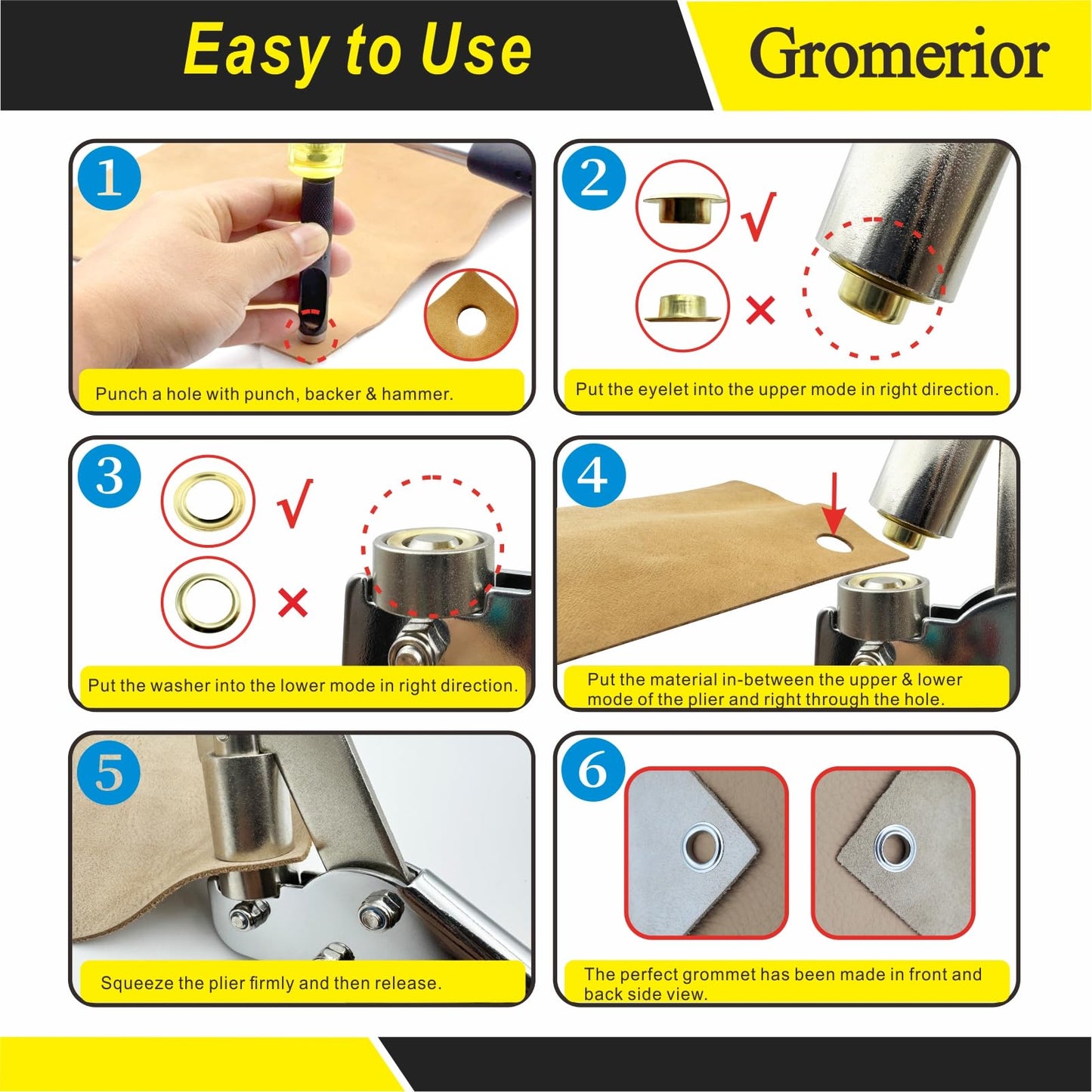 Gromerior Premium Grommet Tool Kit (3/8 inch 10mm) with Case & 300 Sets Grommets, Heavy-Duty Eyelet Press Plier & Hole Punch Included, Grommet Maker for Fabric/Leather/Tarps/Canvas/Banners