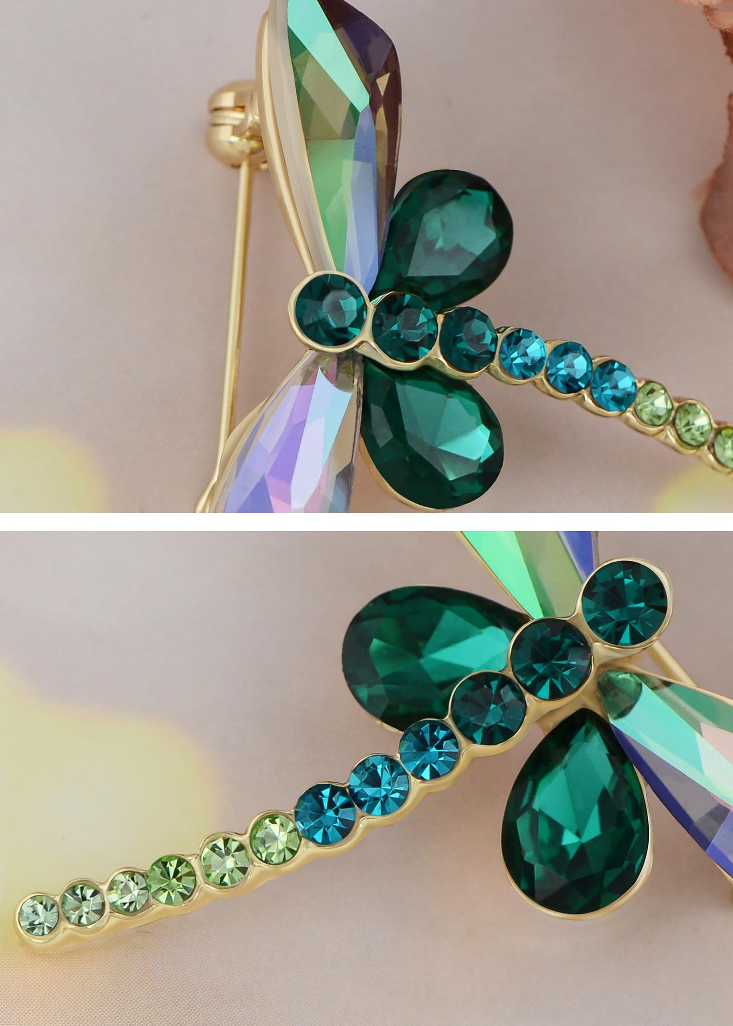 Alilang Silvery Tone Sparkly Crystal Rhinestones Dragonfly Insect Brooch Breastpin Lapel Pins for Women, Green