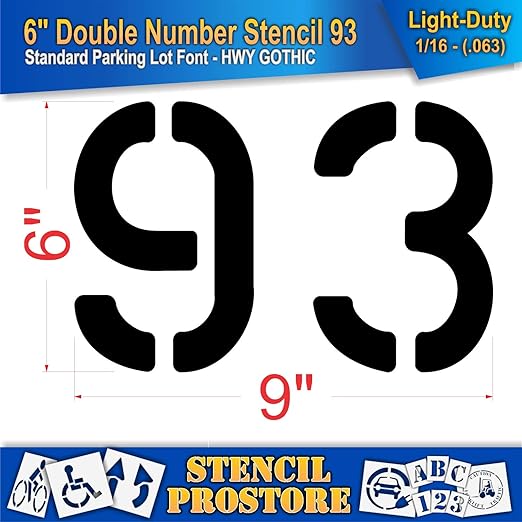 Pavement, Curb, and WheelStop Stencils - 6 inch Double Number Stencil - (93) - 6" x 9" x 1/16" (63 mil) - Light-Duty