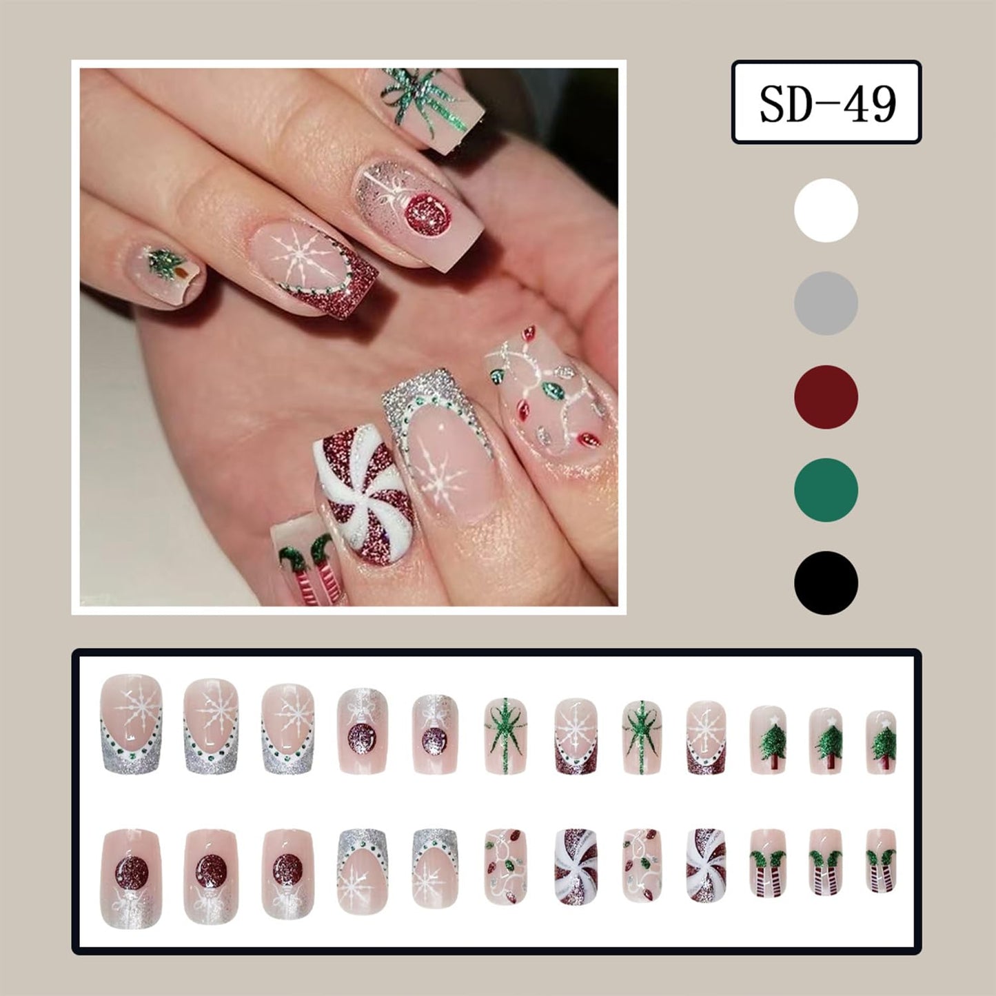 LWTZLW Christmas Press on Nails White Red French Tip Medium Square False Nails Gift Glitter Glue on Nail Snowflake Design Acrylic Fake Nails Winter Artificial Glossy Nail Reusable for Women