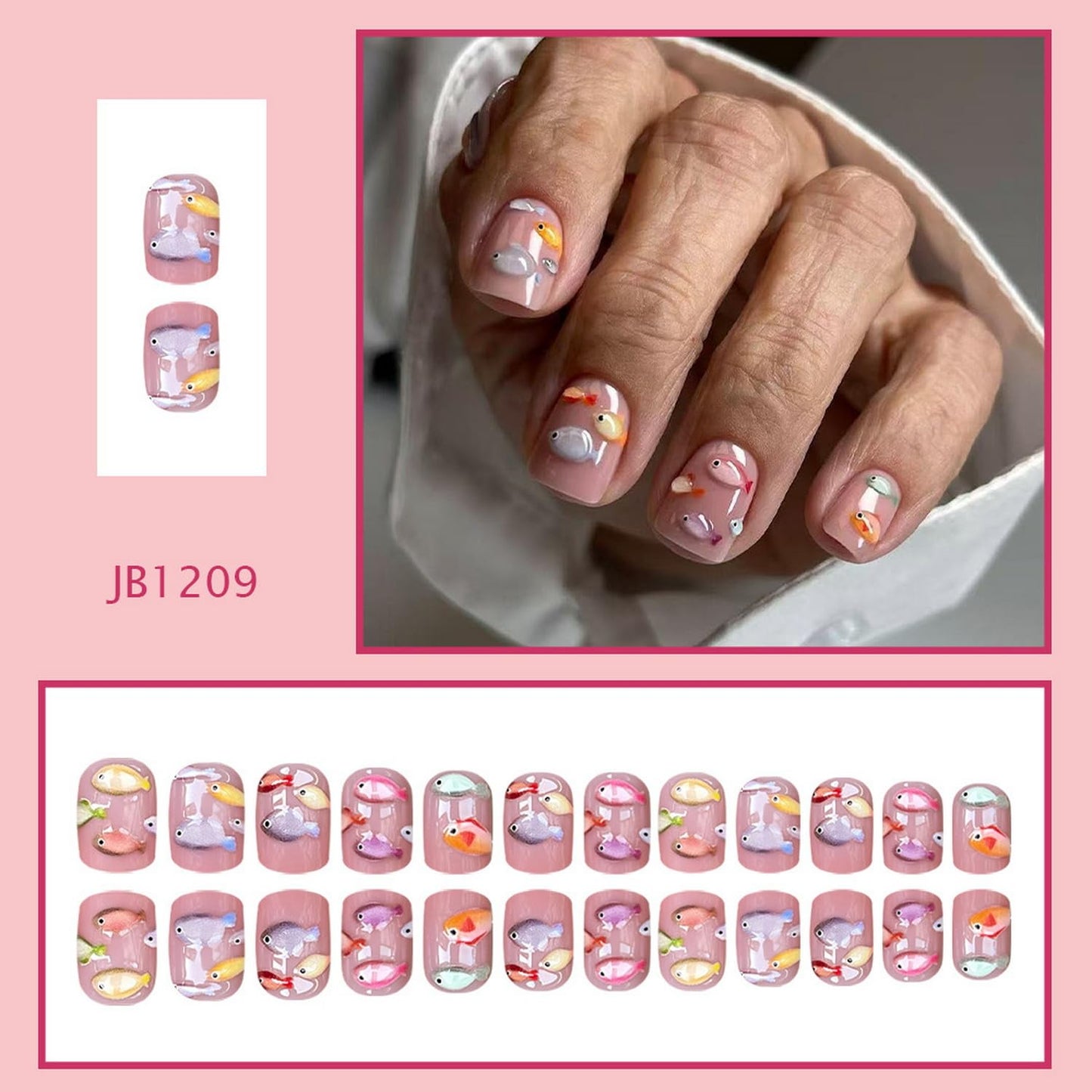 3D Press on Nail Short Square Fake Nails with Colorful Fish designs Stick on Nail Glossy Full Cover Nude Pink Press ones Summer Glue on Nails for Women Beach False Nails 24pcs