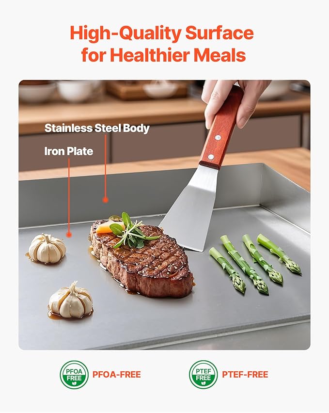 VEVOR Commercial Electric Griddle, 28.54 x 15.75 in, 4400W, 122-570°F Adjustable Temp Control, Stainless Steel Countertop Full Flat Top Grill with 2 Spatulas, 2 Brushes, for Steak, Pancake(NO PLUG)