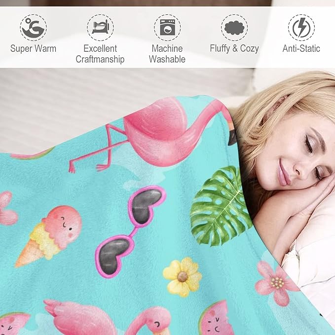 Flamingo Blankets Gifts - 50 x 60 Inches Cute Throw for Girls & Women - Green Soft Fuzzy Plush Flamingo Blankets for Sofa
