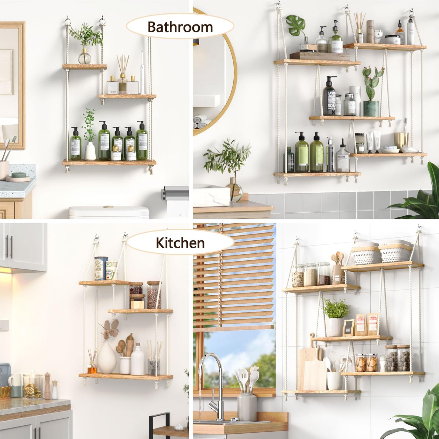 FKSLIFE Hanging Shelves for Wall,Macrame Hanging Plant Shelf with Vine Lights 3 Tier Rope Floating Shelf Wood Organizer Storage Rack Boho Wall Decor Aesthetic for Succulents Bedroom Bathroom Kitchen