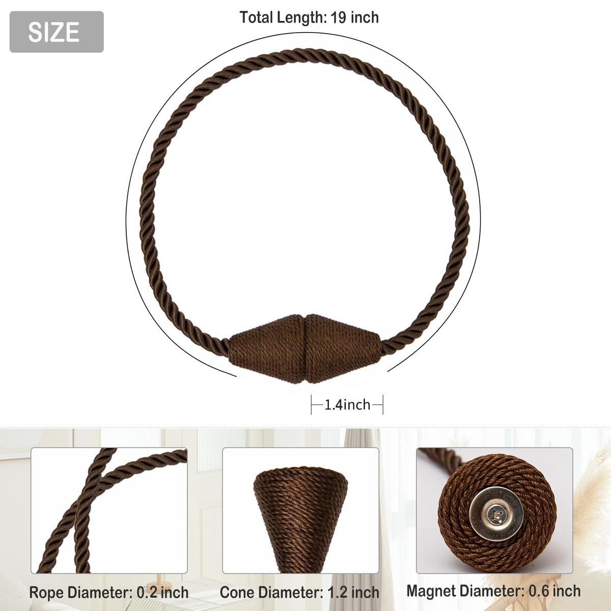 Magnetic Curtain Tiebacks 8 Pack Outdoor Rope Curtain Tie Backs Decorative Window Treatment Holdbacks for Home Decorative Curtain (8 Count)