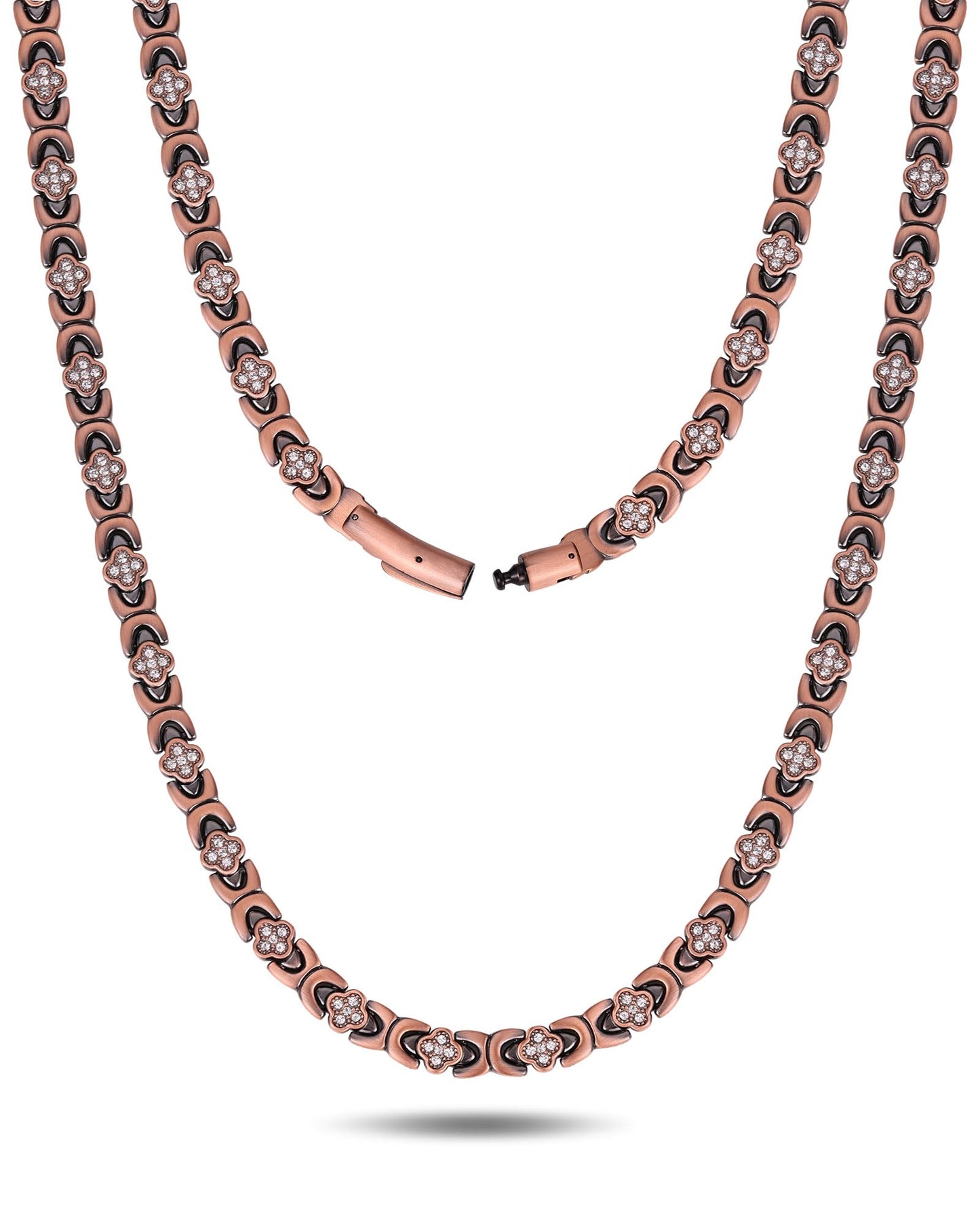 Feraco Copper Necklace for Women, 99.99% Pure Copper Magnetic Chains with 3500 Gauss Ultra Strength Neodymium Magnets & Sparkling Cubic Zirconia, Adjustable CloverJewelry Gift