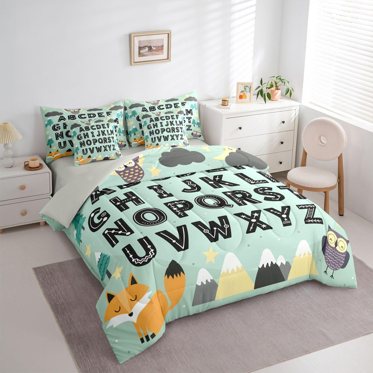 Feelyou Alphabet Kids ABC Learning Comforter Set Twin Size 7 PCS Cute Fox Bedding Set Kids Boys Girls Educational Art Bed in a Bag with Comforter & Sheets Sets & Cushion Covers Animals Bedroom Decor