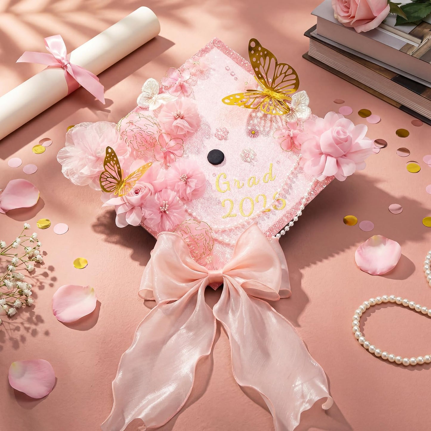 Wavwavw 58 Pcs DIY Graduation Cap Decorations Kit Grad Cap Decor Included Faux Flowers Bow Mesh 3D Butterfly Stickers, Adhesive Rhinestones, Glitter Letter Stickers, for 2026 Grad Party(Pink)