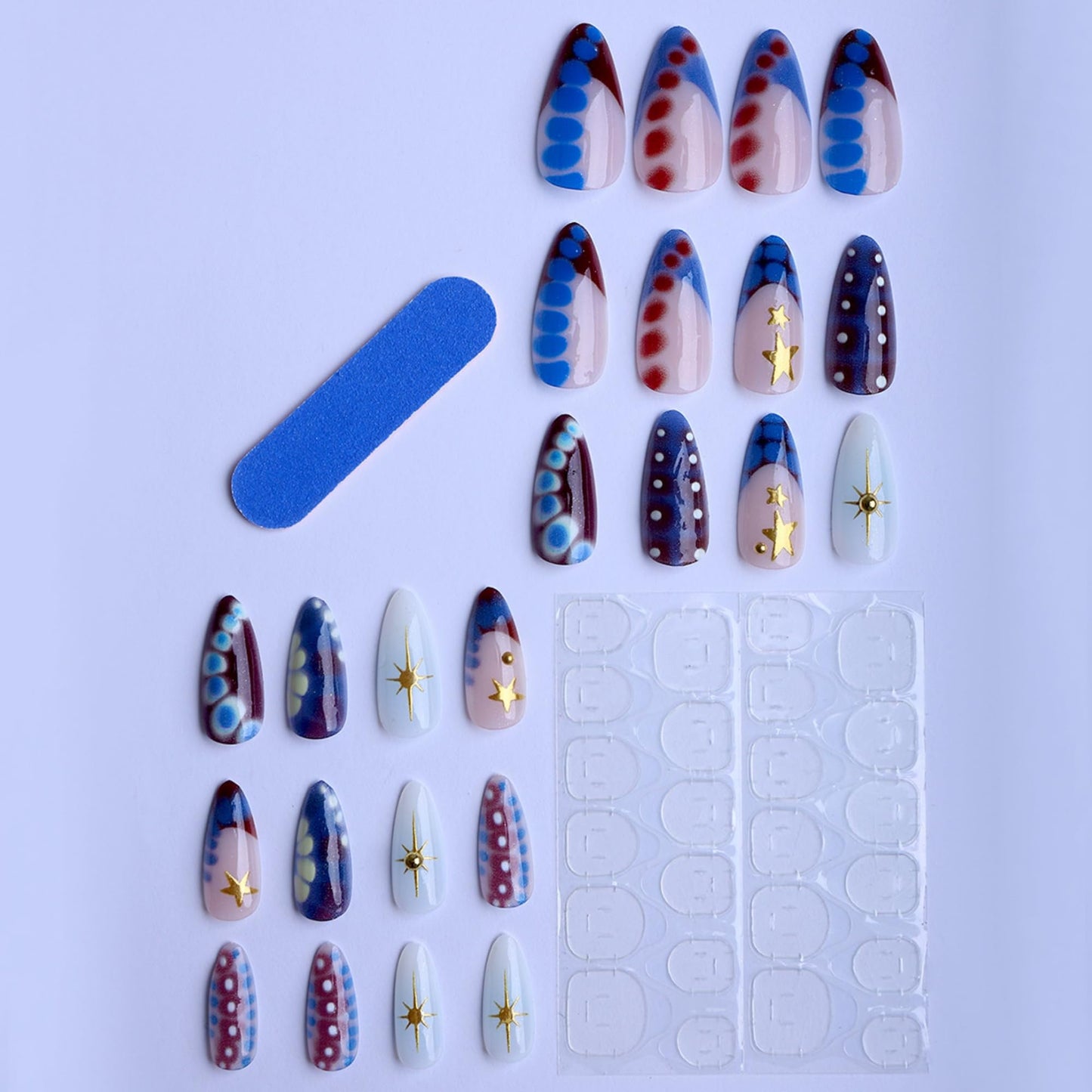 octoswave Press on Nails Long Almond Fake Nails Gold Stars Artificial Nail Glossy Spot Stick on Nail for Women 24pcs