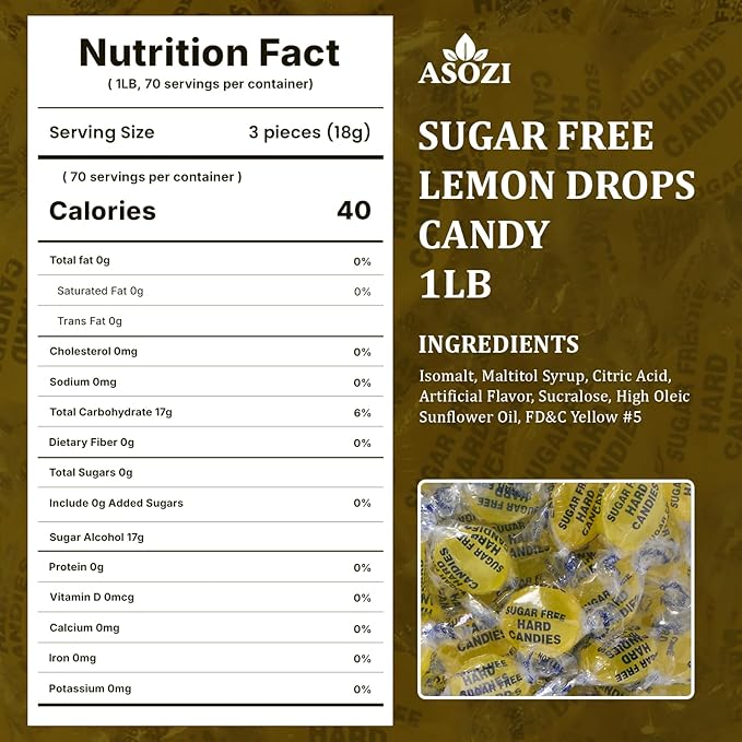 Sugar Free Lemon Hard Candy- 1lb Bulk Individually Wrapped Sugarless Citrus Candy Drops Keto And Diabetic Friendly, for Parties & Holidays (Lemon)