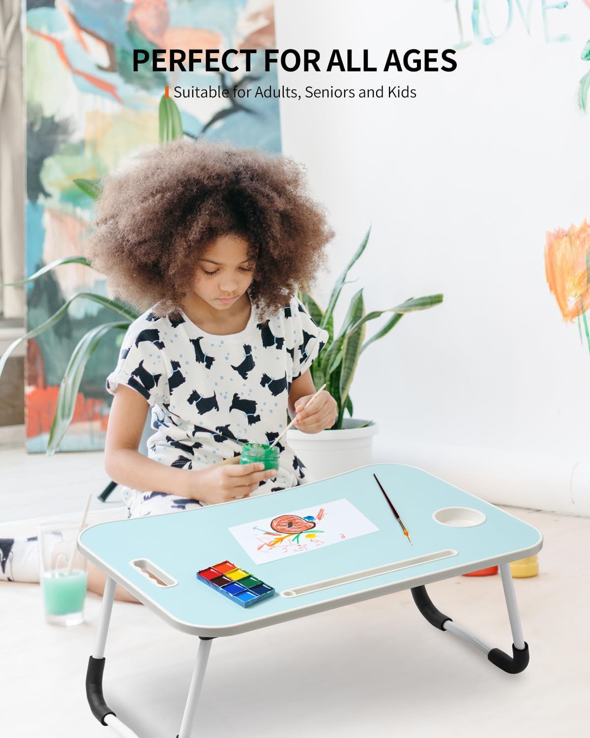 FISYOD Foldable Laptop Table, Portable Lap Desk Bed Table Tray, Laptop Stand with Cup Holder & Tablet Slot & Lifting Handle for Working Writing Drawing & Eating (Blue)