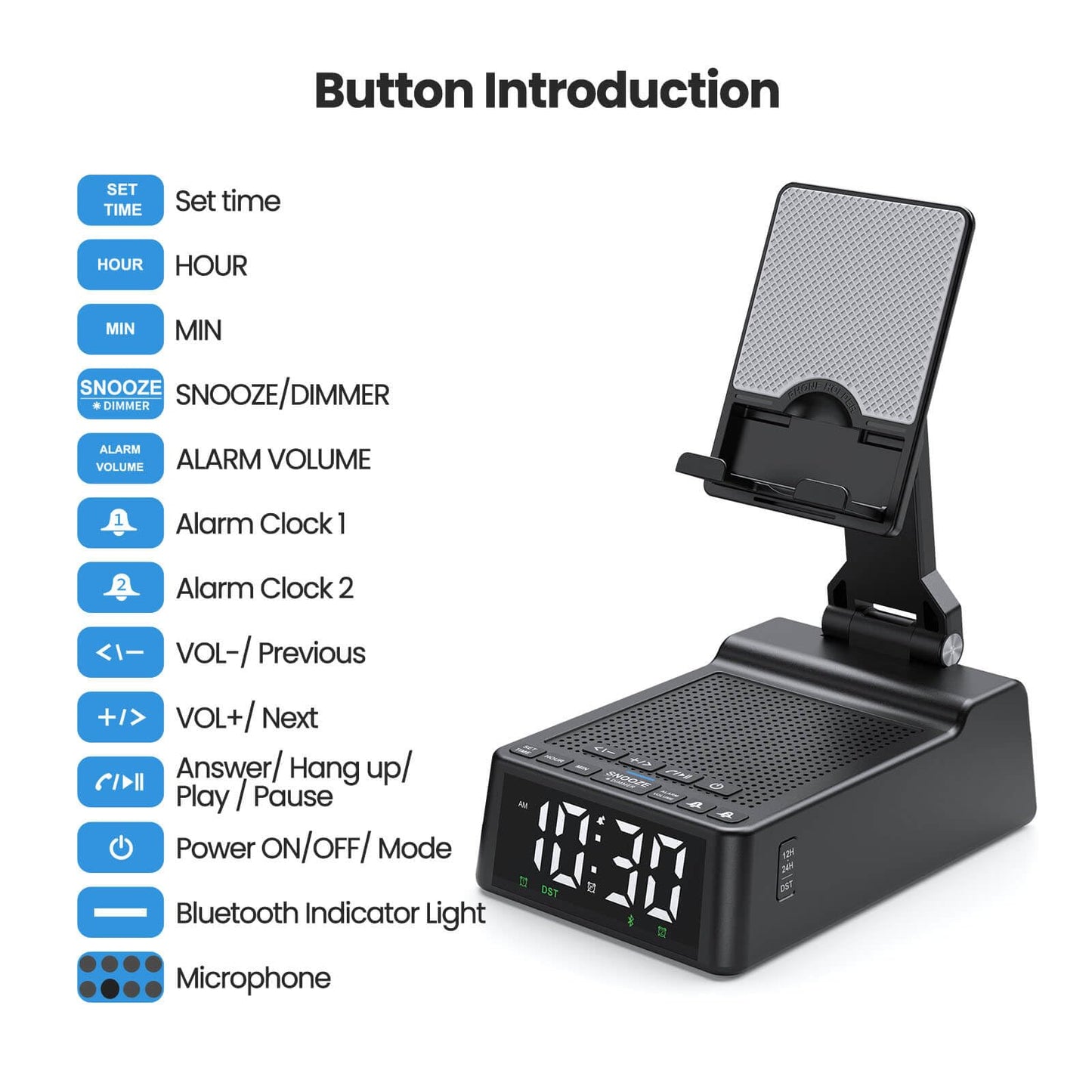 Birthday Gift for Women Men Dad Mom, Cell Phone Stand with Wireless Bluetooth Speaker and Alarm Clock, Adjustable Cellphone Holder for Office Home, HD Stereo Subwoofer Sound Fit for All Phones Tablets