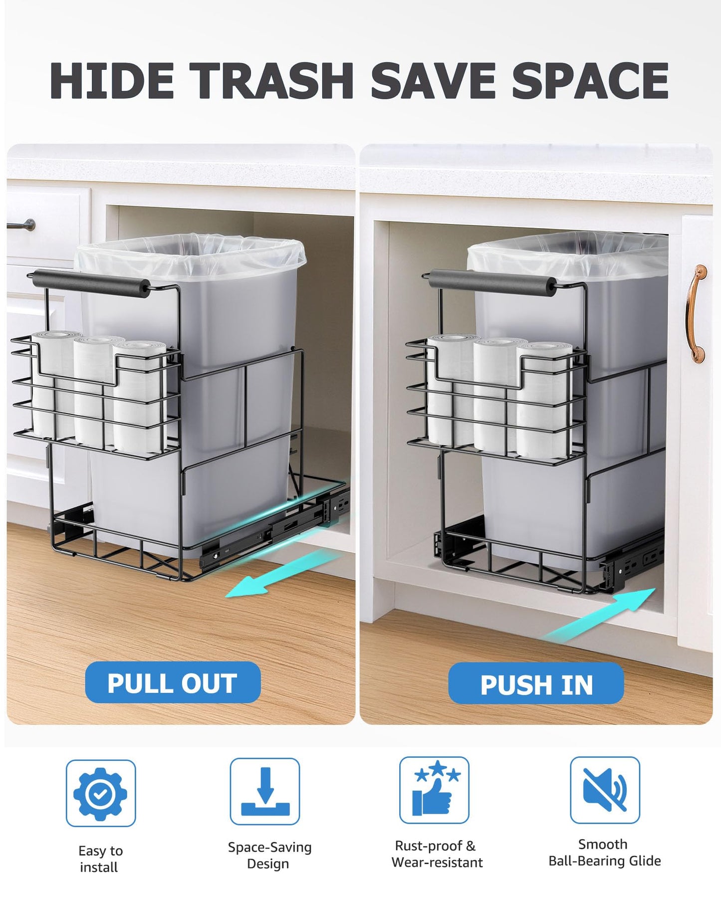 Bulado Pull Out Trash Can Under Cabinet, Under Sink Trash Can Kit for 7.5-10 Gallon with Garbage Bag Holder, Heavy Duty Steel Frame, Holds Up to 125 lbs, Easy to Install (Bin Not Included)