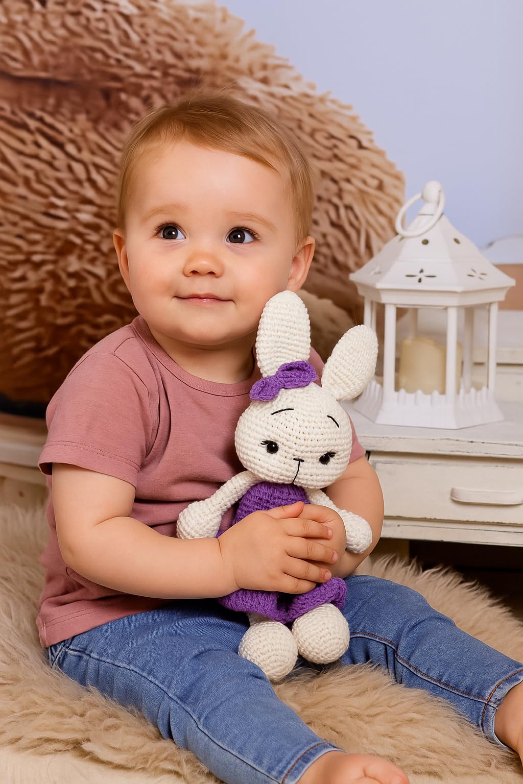 Handmade Bunny Plush – 13.5 inches - Soft Cotton Knit Stuffed Animal – Shower Gift – Nursery Decor – Crochet Toy 1PC (Violet)