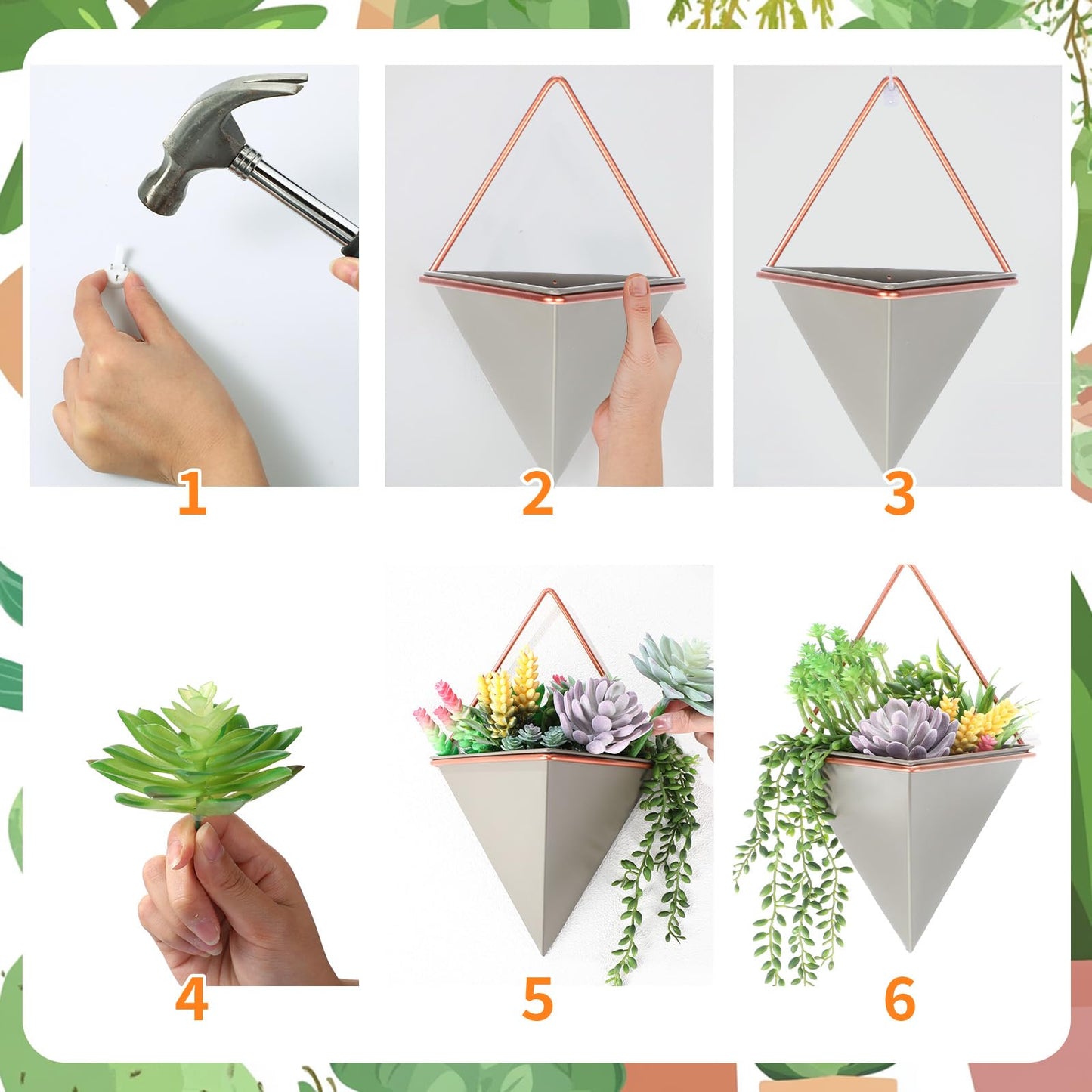 Rtteri 15 PCS Gray Wall Hanging Planter Set with Artificial Succulents, 3 Ceramic Geometric Wall Planters in 3 Sizes, Modern Indoor Decor for Living Room Bathroom Office