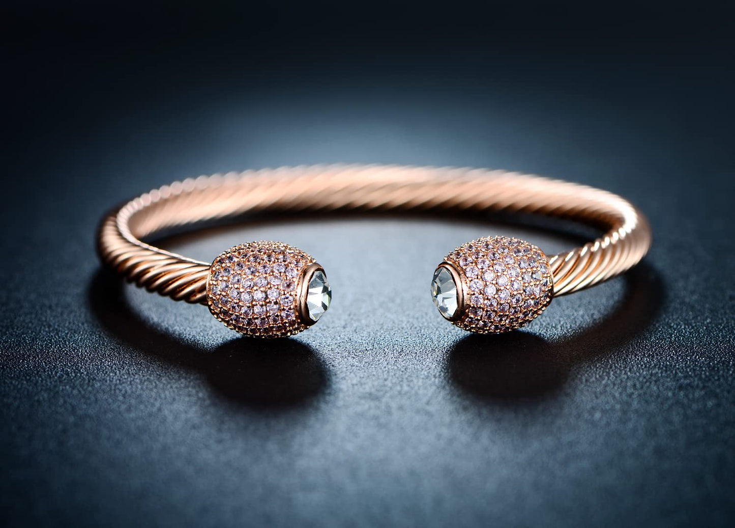 Barzel 18K Gold Plated Crystal Cable Bangle Bracelet For Women - Cuff Bangle Bracelet (Rose Gold)