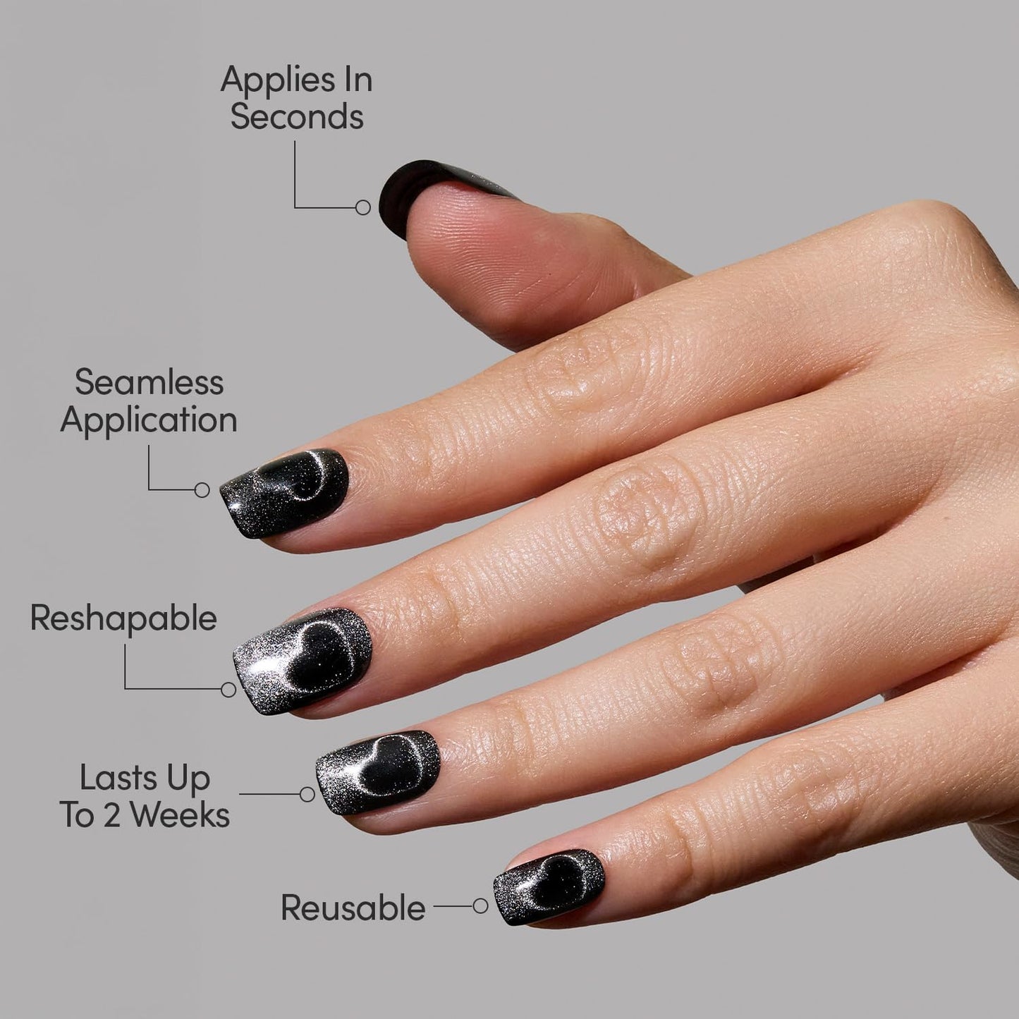 Glamnetic Press-On Nails Bundle - Midnight Romance & Jet Black | Short Squoval Black Fake Nails with Magnetic Cat-Eye Design | Short Squoval Black Fake Nails with a Glossy Finish | Durable, Salon-Qual