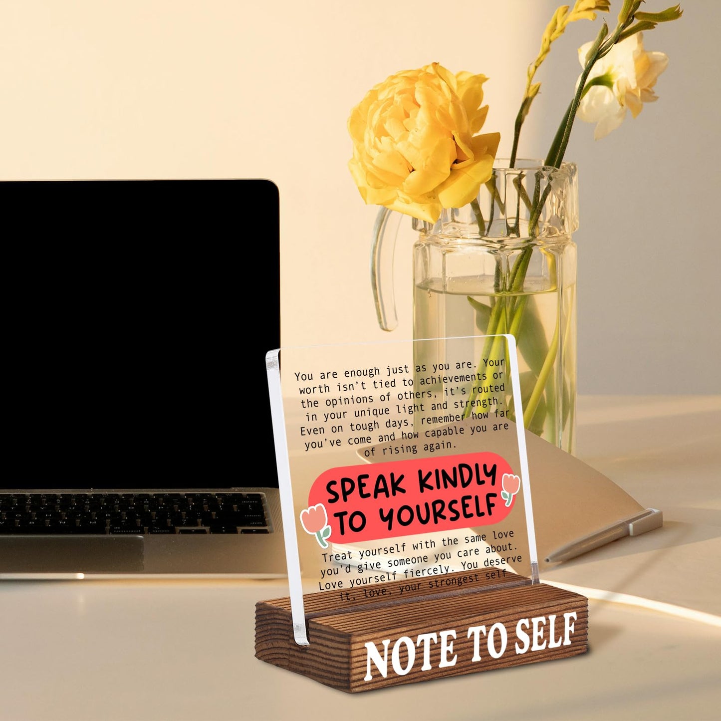 Inspirational Desk Decor with Positive Reminder, Speak Kindly to Yourself Acrylic Sign with Rustic Wood Base, Encouragement Gift for Home Office Coworker Friend SNOTE9