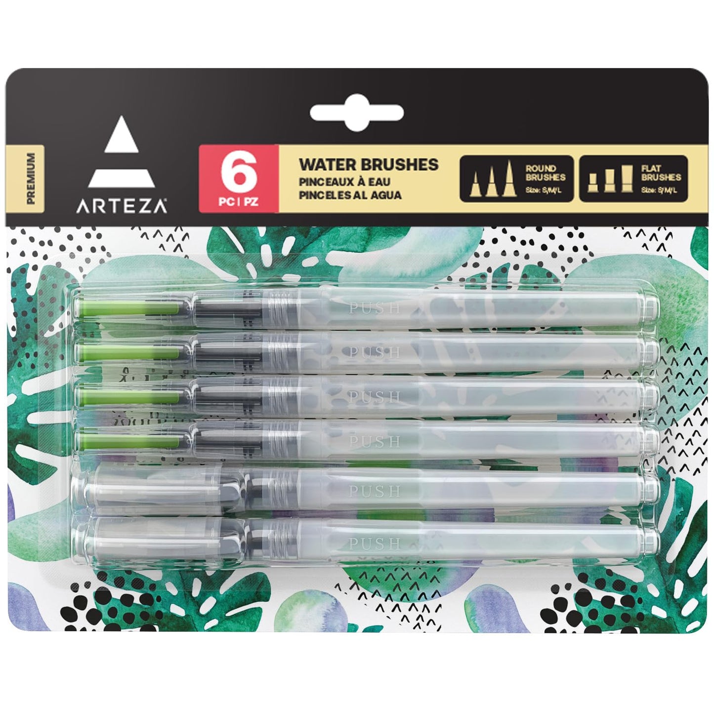 ARTEZA Water Brush Pen, 6-Piece Set, Fine, Medium & Broad Tips, Refillable Self-Moistening Brushes for Painting & Lettering