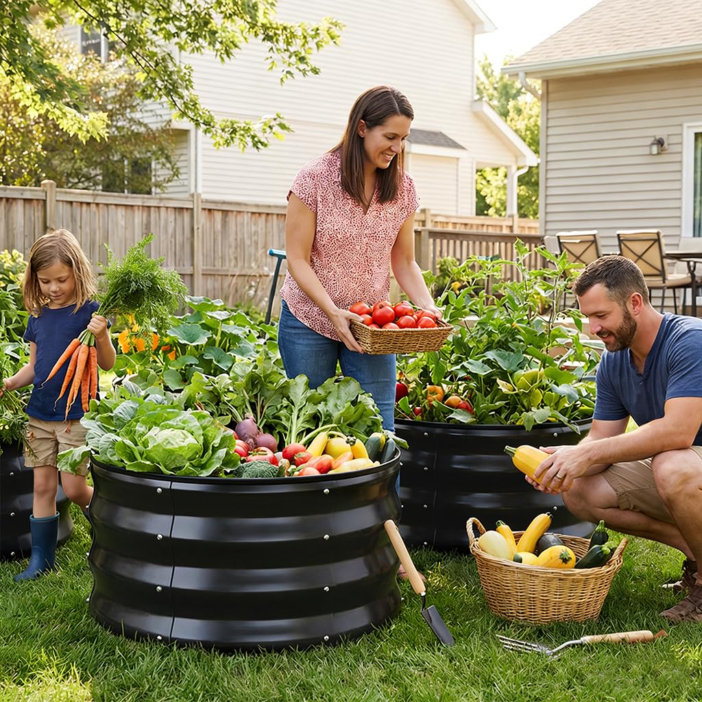 COMHOMA 3 Pack Round Raised Garden Bed 2x2x1ft,Galvanized Metal Planter Box Kit for Outdoor Gardening,Vegetable Flower Herb Growing Beds with Gloves Tools,Black