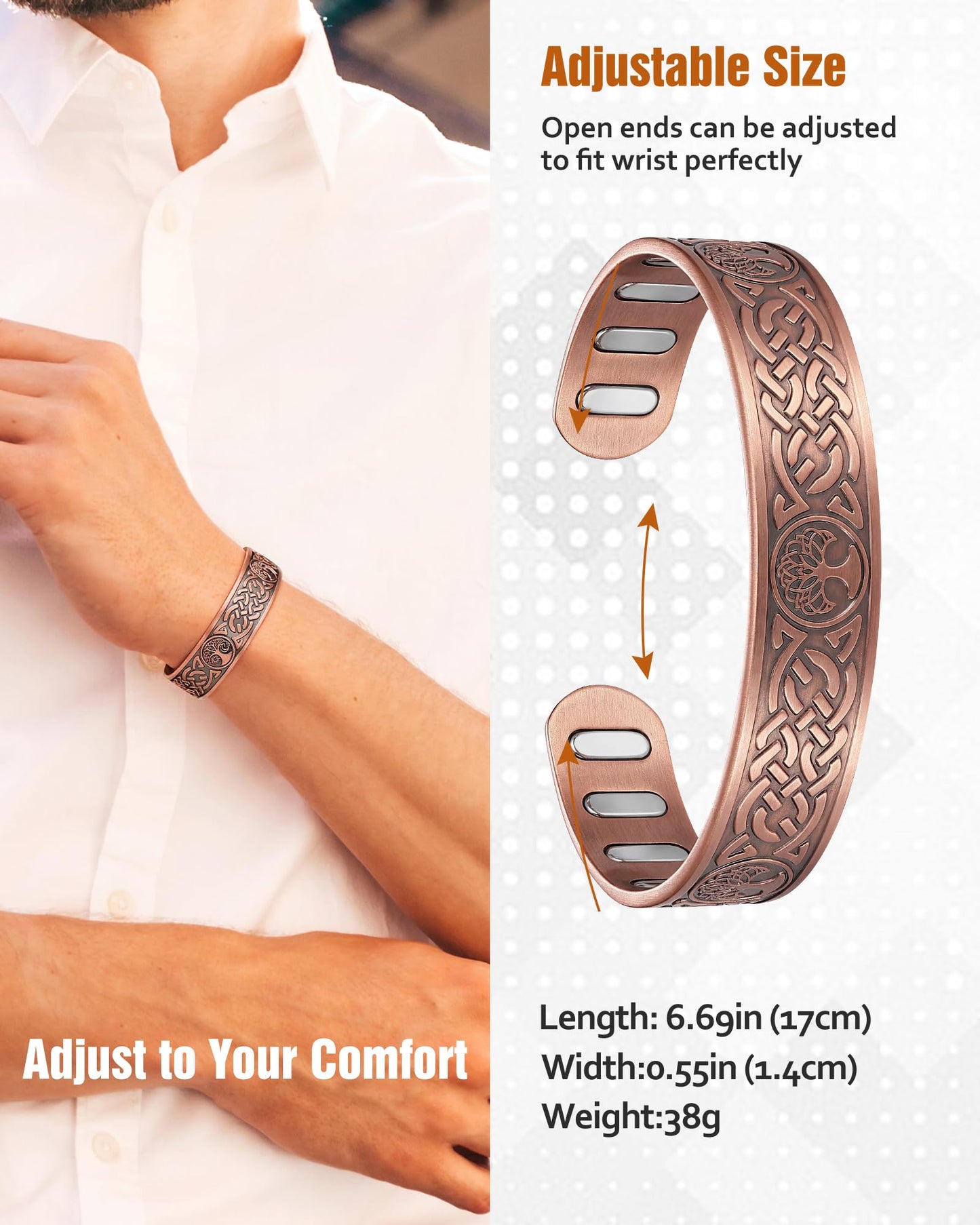 Jecanori Copper Magnetic Bracelets for Men and Women–Upgraded Oval Magnets-Adjustable Cuff Bangles