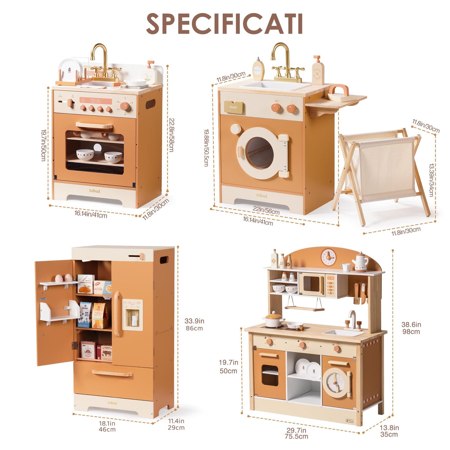 ROBUD Wooden Play Kitchen, 4-in-1 Kids Kitchen Playset with Fridge, Washing Machine, Dishwasher, Toddlers Role Play Kitchen Set Gift for Boys & Girls, Age 3+ (Caramel)