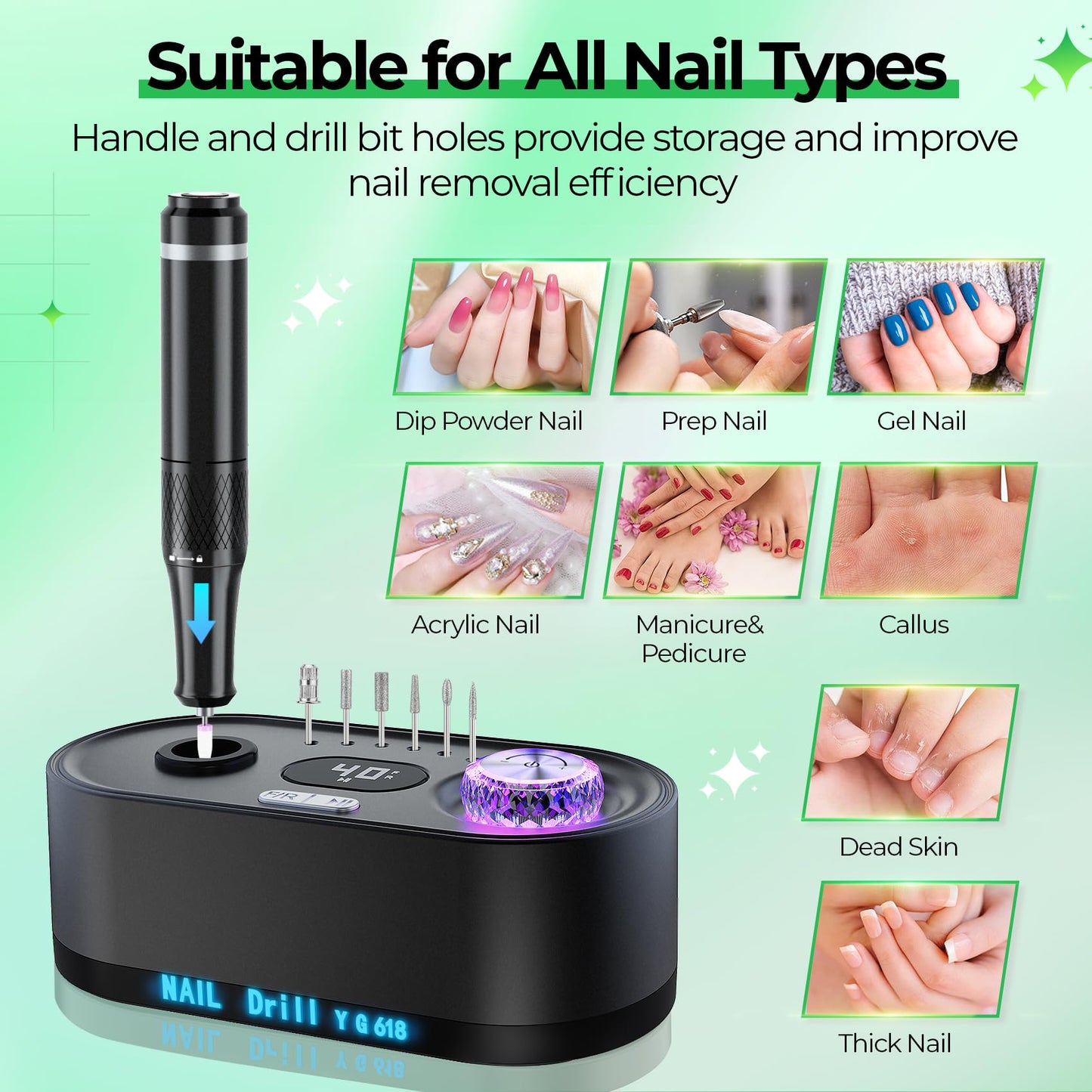 JOSGLOI Electric Nail Drill Professional: 40000RPM Electric Nail File Kit E File Nail Drill Machine with LCD Display for Acrylic Gel Nail, Manicure Pedicure Polishing Nail Grinder for Salon Home Use