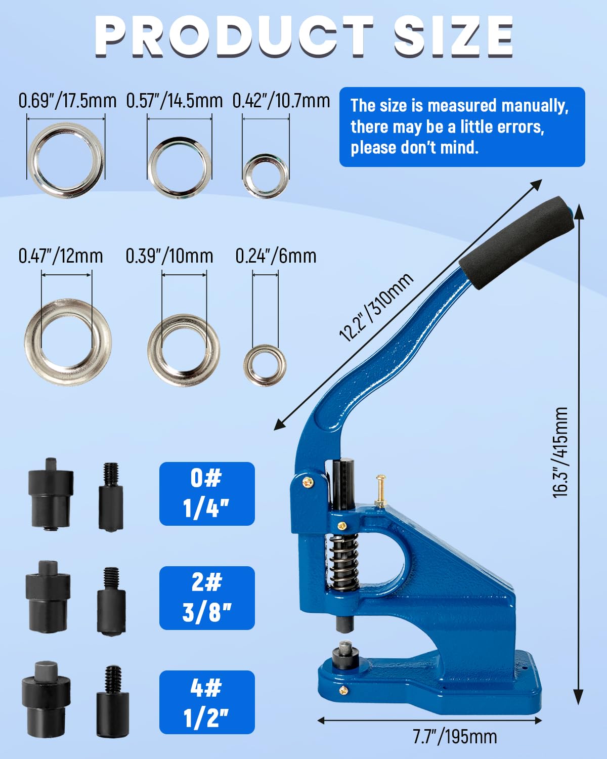 DUPDMKIN Grommet Tool Kit, Heavy Duty Eyelet & Rivet Press with 3 Dies and 1500 Pcs Grommets, Hand Press Grommet Machine for Fabric, Leather