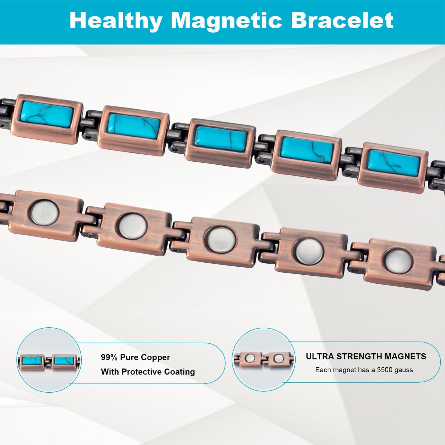 EnerMagiX Copper Bracelets for Women, 7.48inch Adjustable Blue Turquoise Magnetic, Fashion Jewelry Present (0170)