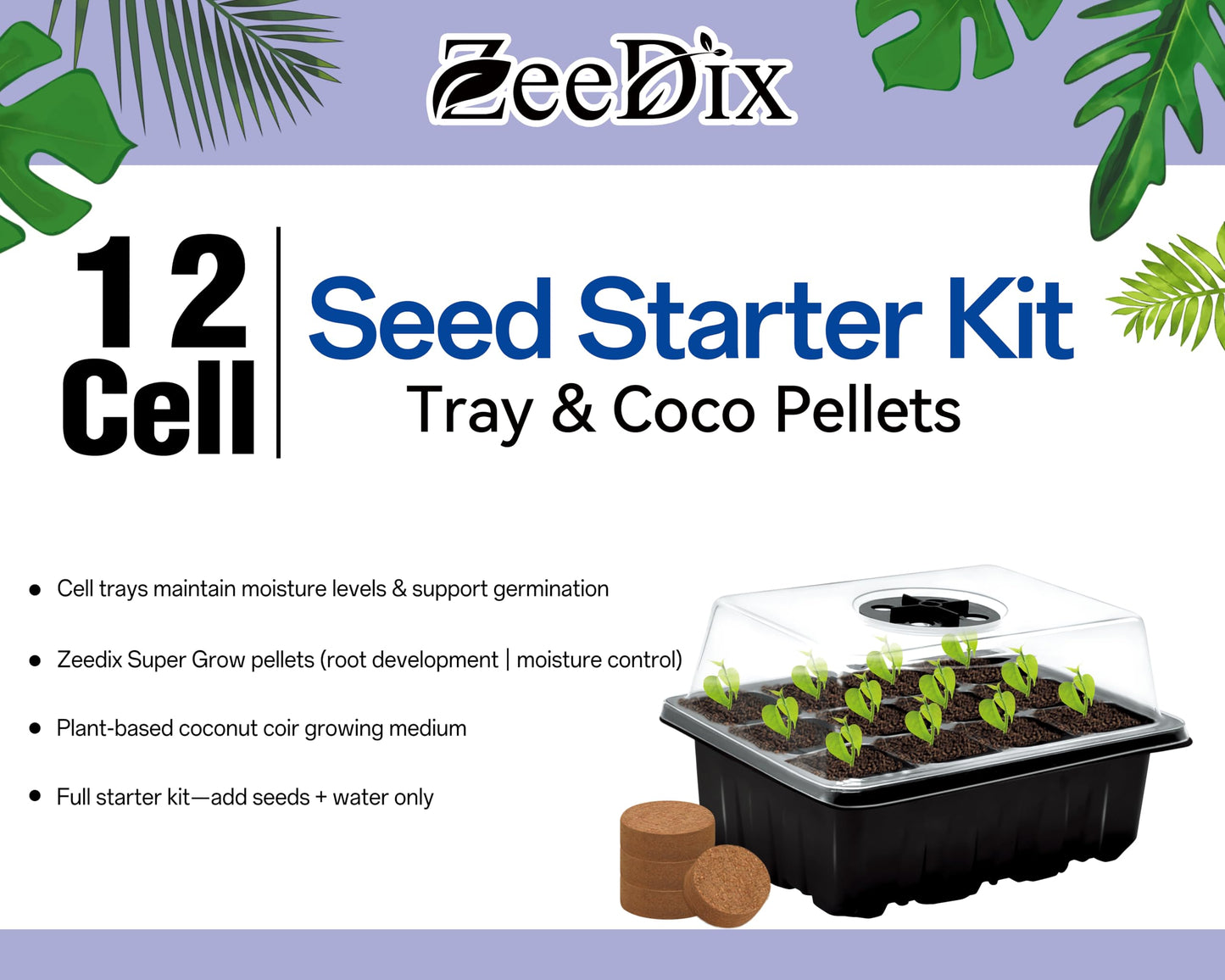 ZeeDix 6 Set Seed Starter Tray Kits, 6 Pack Seed Trays with 90 Pack Coco Coir Pellets, Adjustable Humidity Germination Tray with Dome Lids for Indoor Plants, Mini Greenhouse for Vegetables Garden