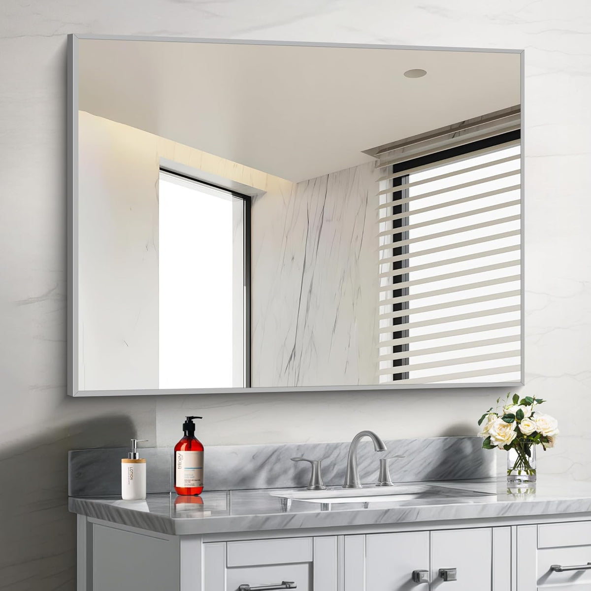 30x40In Silver Bathroom Mirror for Wall, Brushed Nickel Rectangle Mirrors with Metal Frame, Bathroom Rectangular Mirror Modern Wall Mirror for Bedroom Living Room, Hangs Horizontal or Vertical