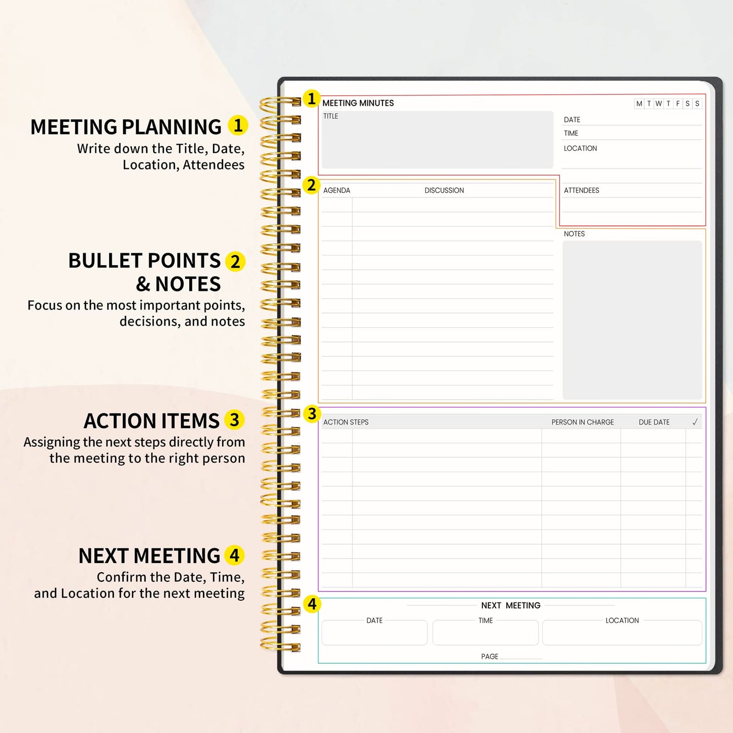 SUNEE Meeting Notebook for Work with Sticky Tabs - 160 Pages, A4 Size Project Planner, Spiral Meeting Agenda/Minutes Notebook Organizer for Women Men, Note Taking, Office & Business, 8.5"x11", Black
